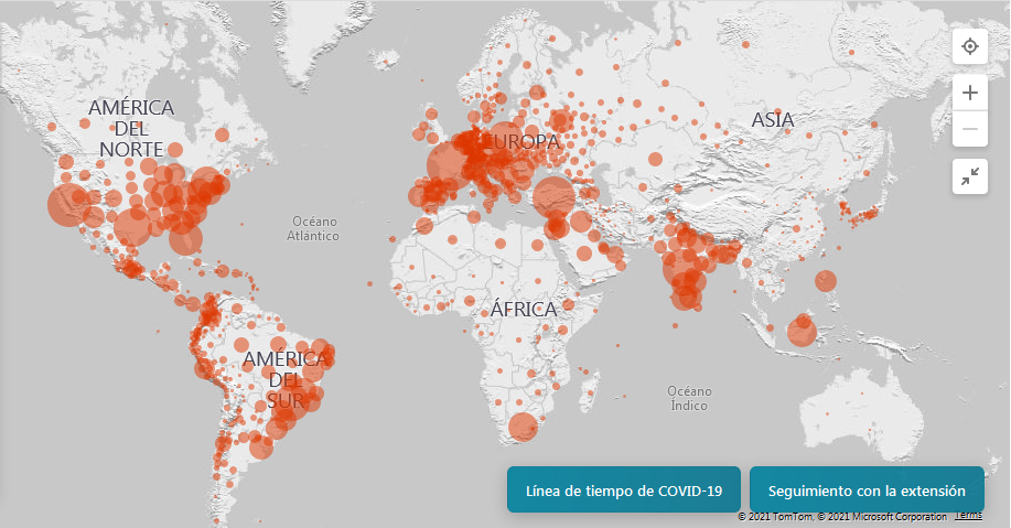 Mapa de propagación de la Covid-19 en el Mundo de Microsoft