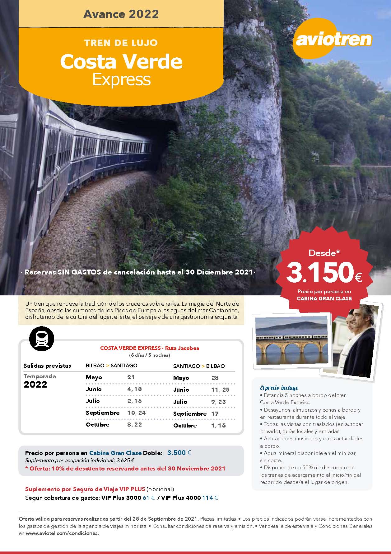 Oferta Aviotren Tren de Lujo Costa Verde Express de Mayo a Octubre de 2022