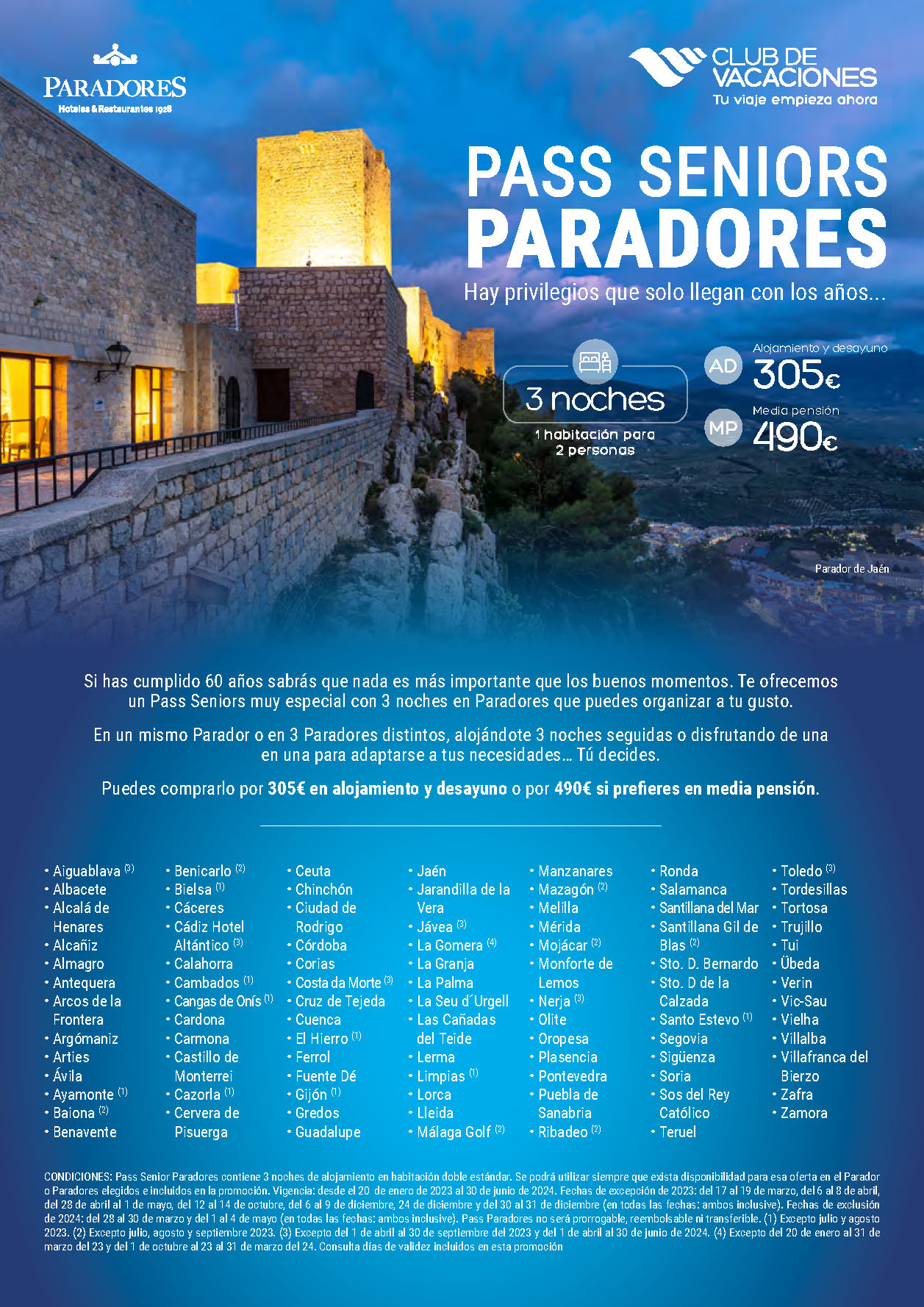 Oferta Club de Vacaciones Mayores de 60 Pass Senior Paradores Nacionales de Turismo de España Peninsula e Islas 2023-2024