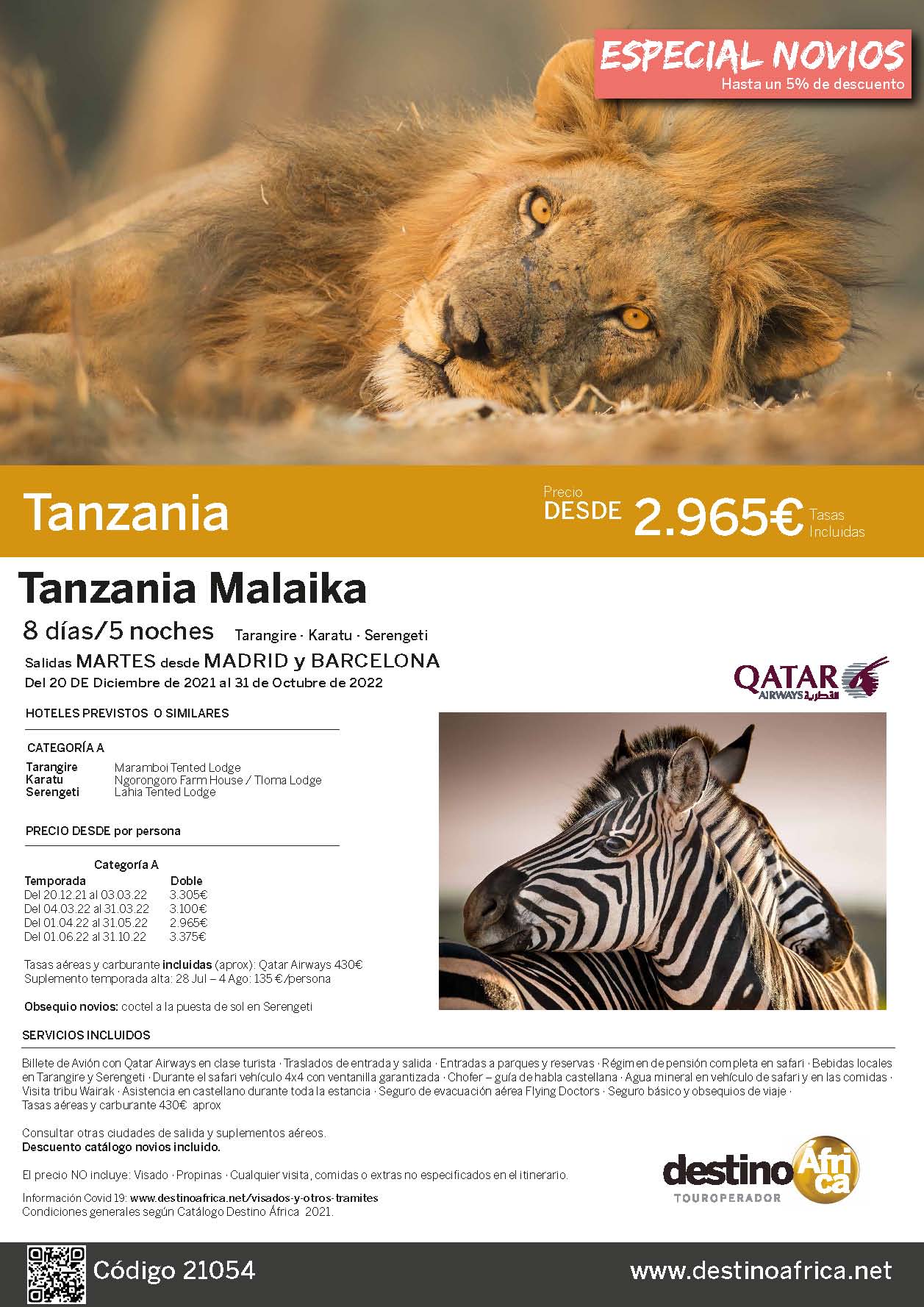 Oferta Destino Africa Tanzania Malaika Diciembre 2021 a Octubre 2022 Qatar Airways salidas desde Barcelona y Madrid