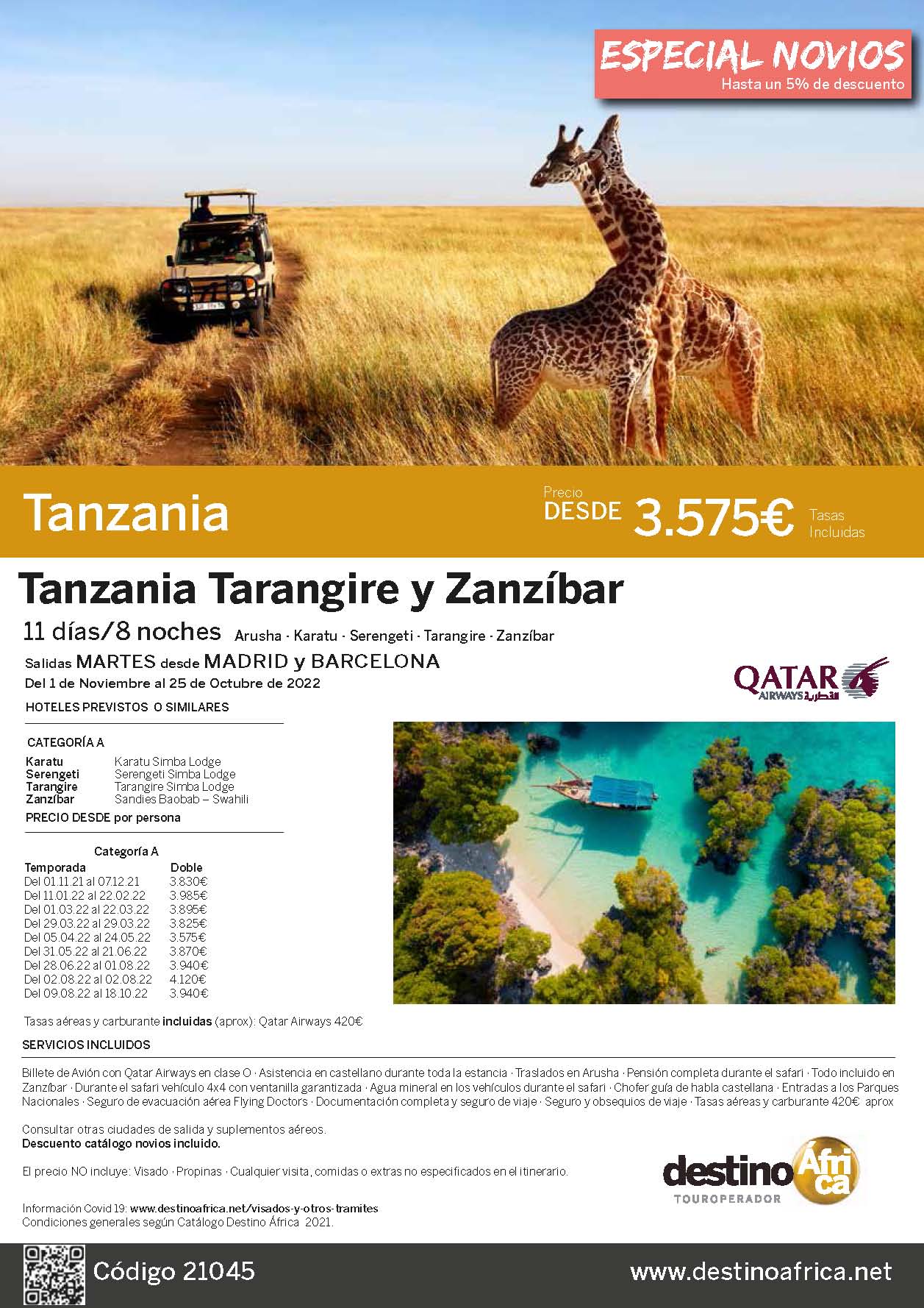 Oferta Destino Asia Tanzania 2022 Tanzania Tarangire y Zanzibar 11 dias salidas Madrid Barcelona vuelos Qatar Airways