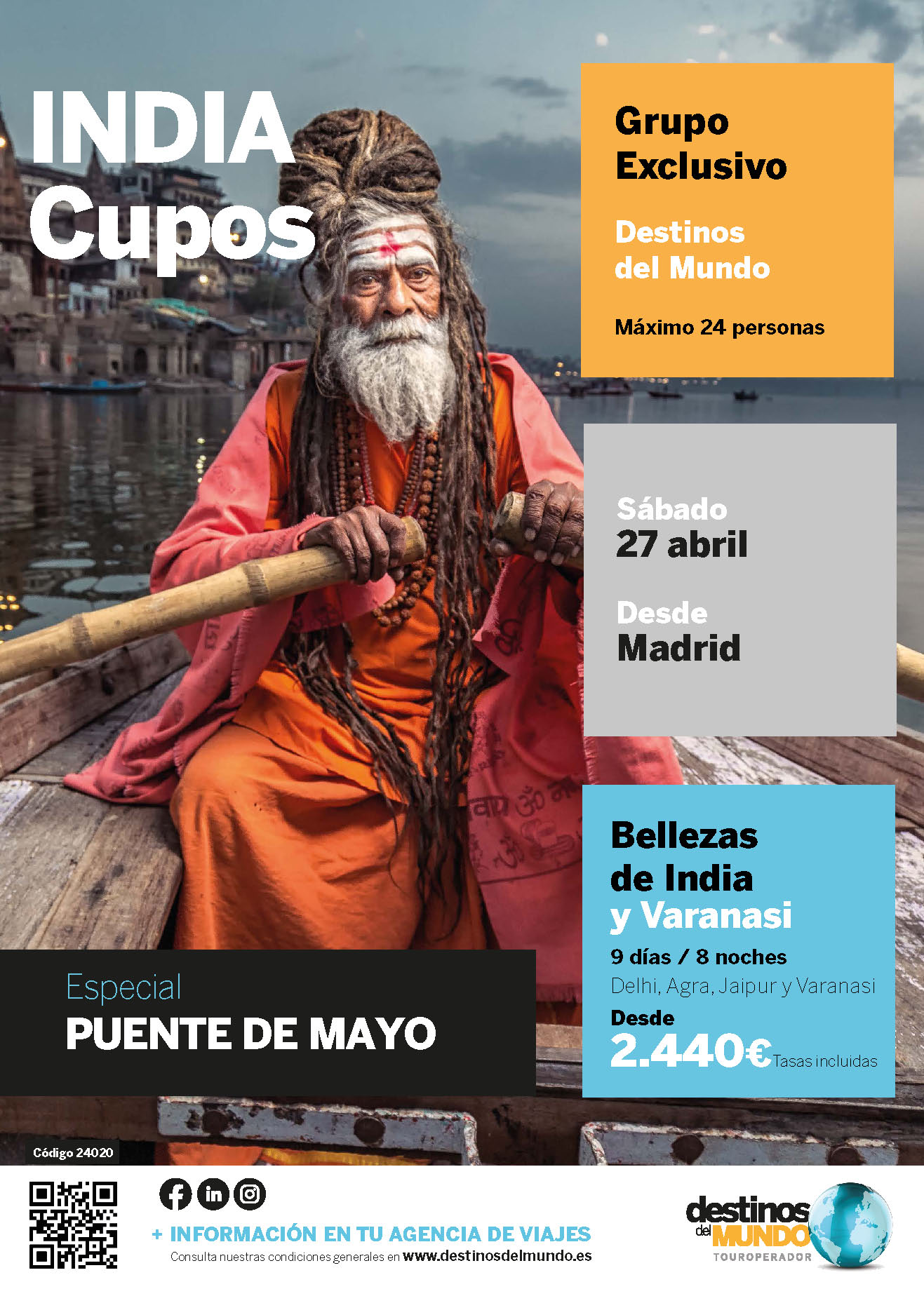 Oferta Destinos del Mundo Puente de Mayo 2024 circuito India y Varanasi 9 dias salida desde Madrid el 27 Abril