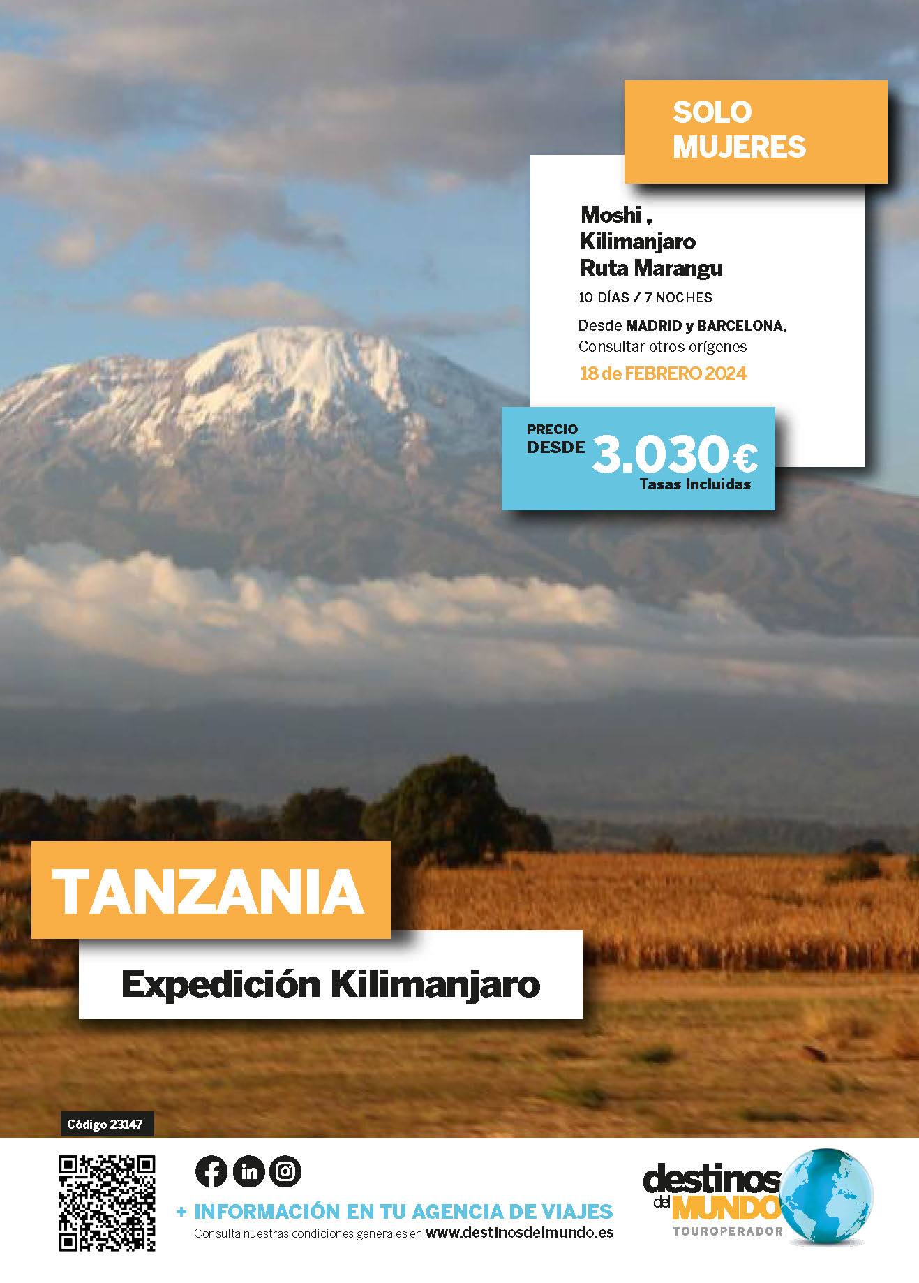 Oferta Destinos del Mundo Tanzania Expedicion Kilimanjaro Ruta Marangu solo mujeres 10 dias cupos Febrero 2024 salidas desde Madrid y Barcelona