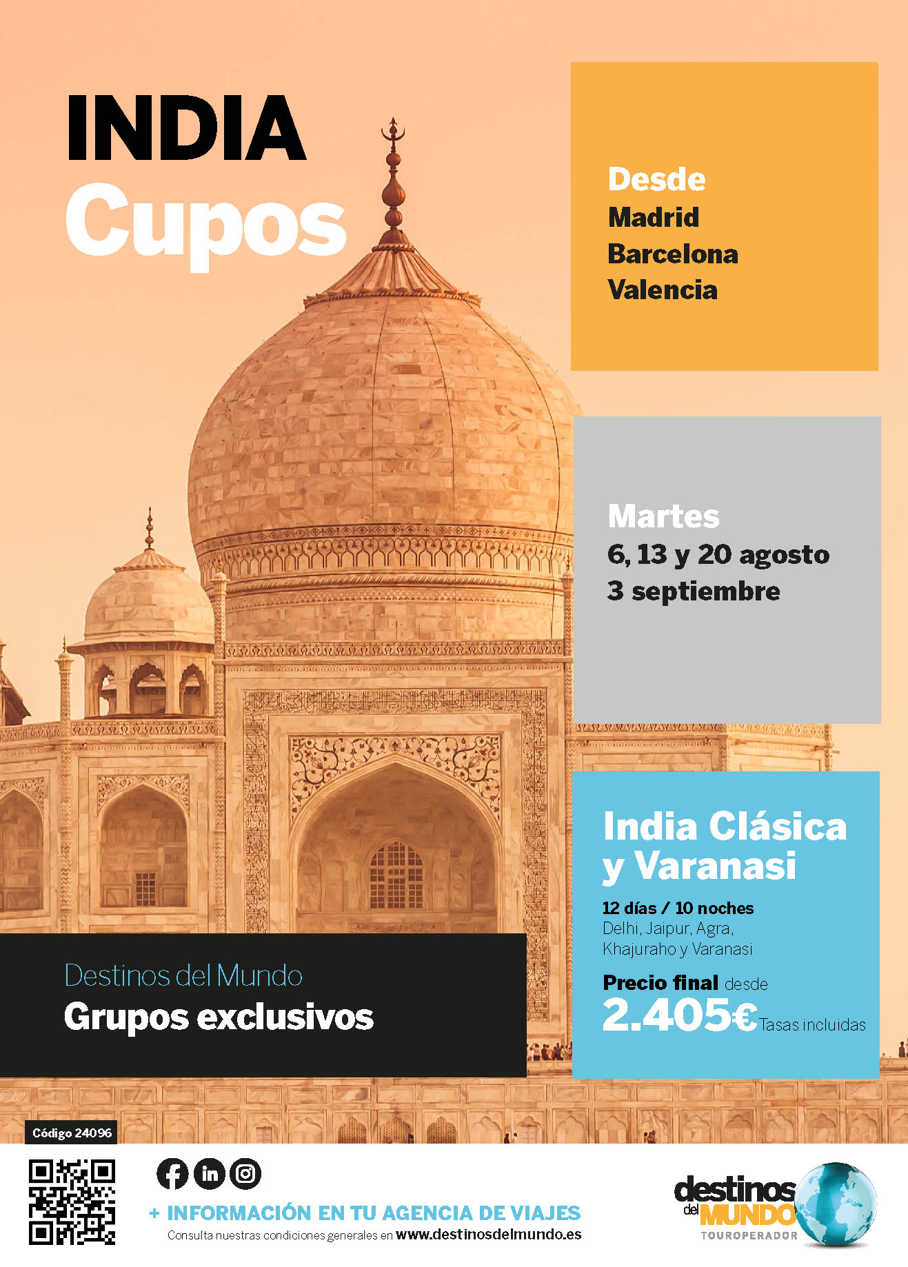 Oferta Destinos del Mundo circuito India Clasica y Varanasi 12 dias salidas julio y agosto 2024 desde Madrid Barcelona Valencia