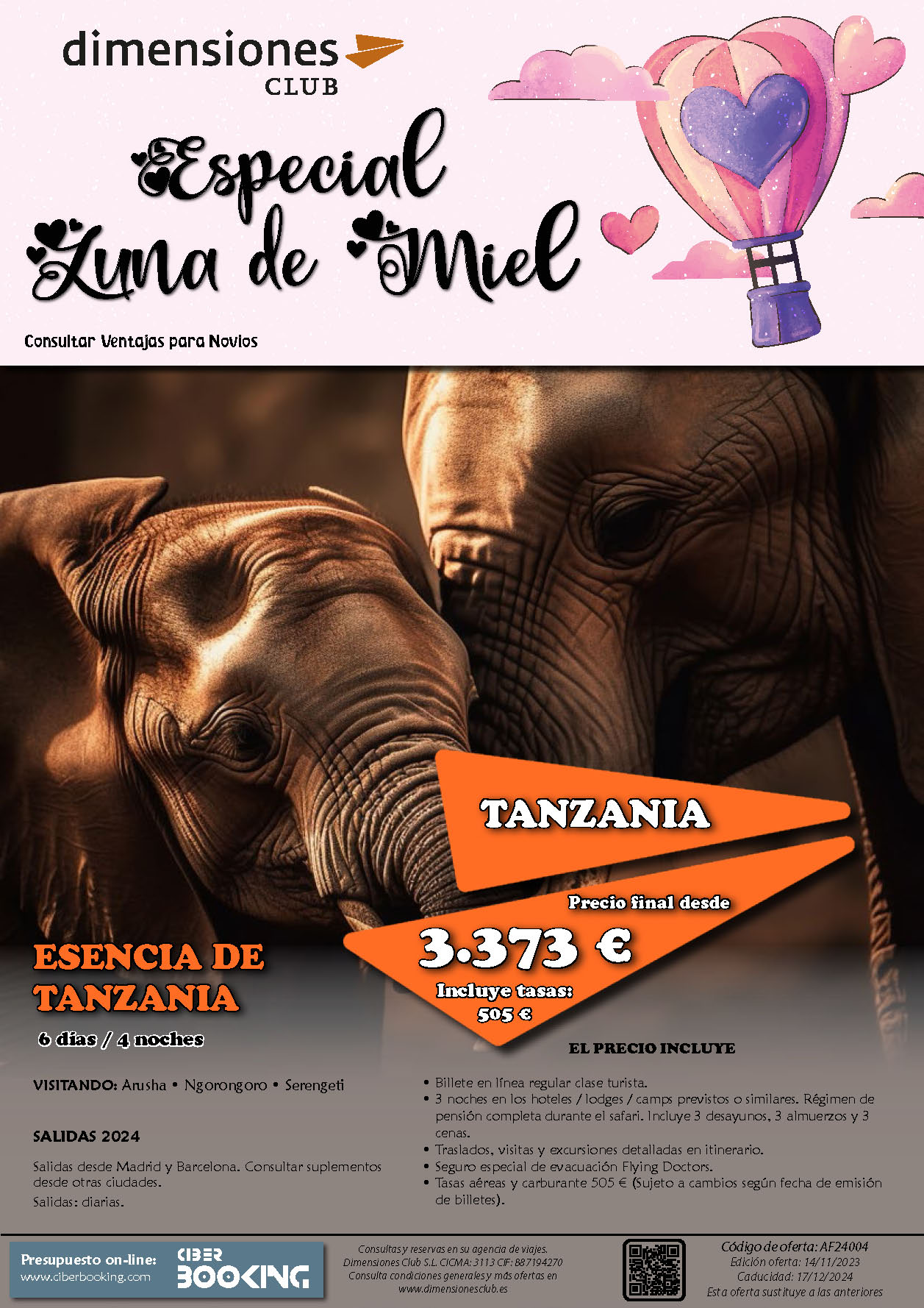 Oferta Dimensiones Club 2024 Luna de Miel Esencia de Tanzania 6 dias salidas desde Madrid y Barcelona
