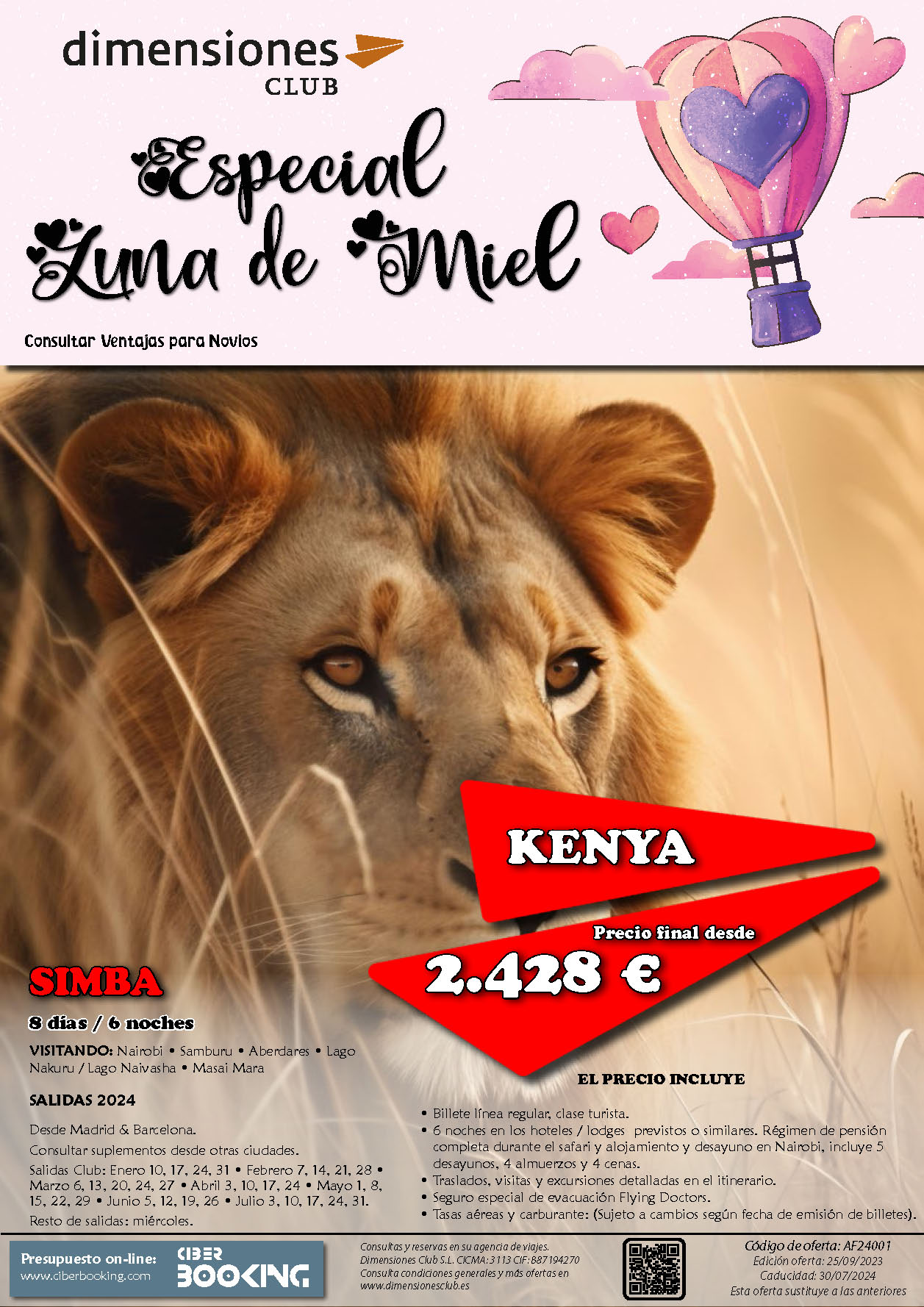 Oferta Dimensiones Club 2024 Luna de Miel en Kenia Safari Simba 8 dias salidas desde Madrid y Barcelona