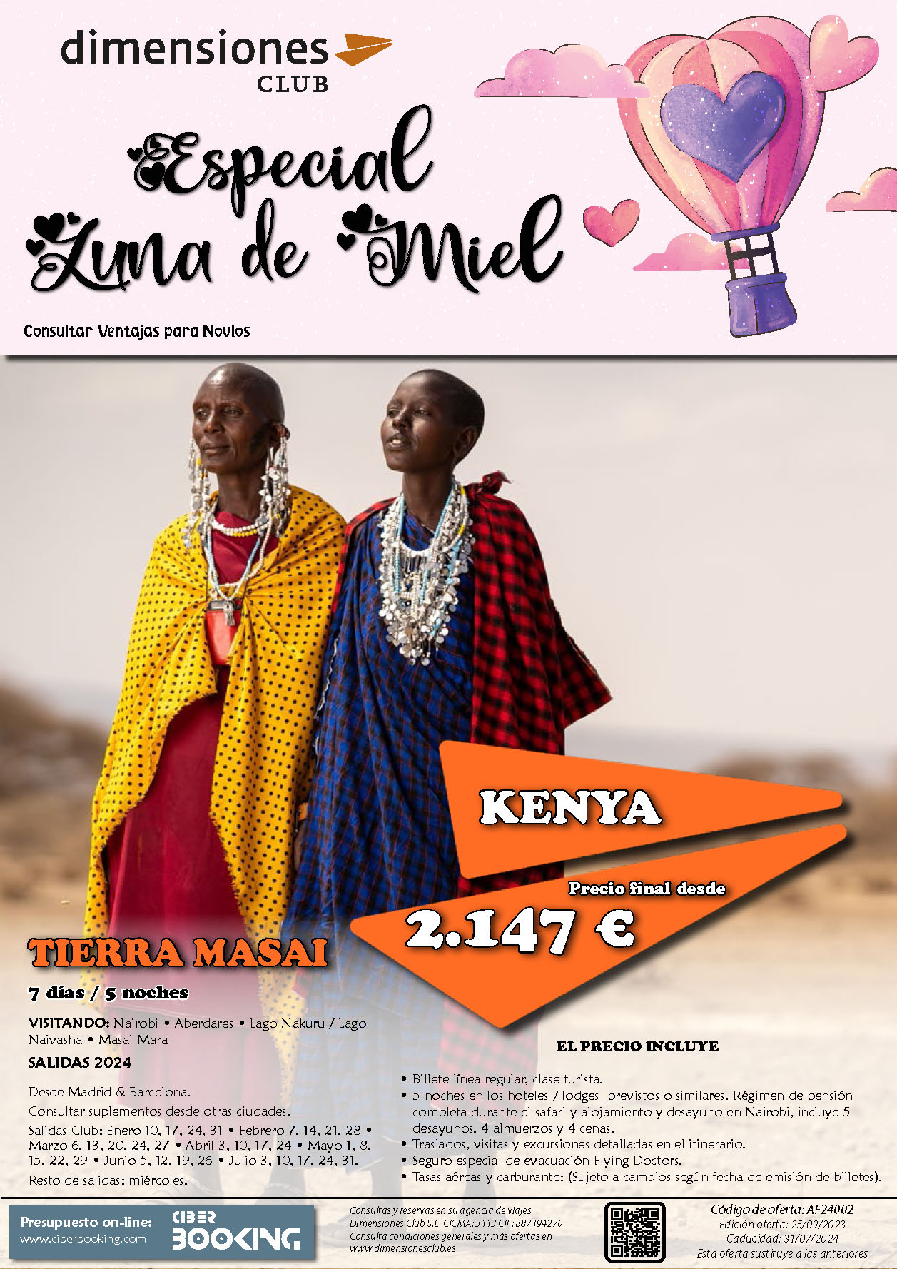 Oferta Dimensiones Club 2024 Luna de Miel en Kenia Tierra Masai 7 dias salidas desde Madrid y Barcelona
