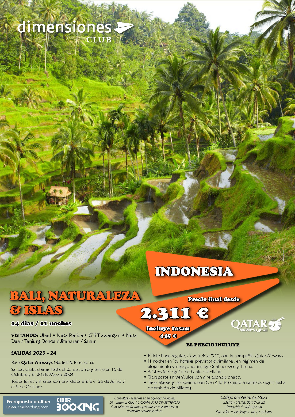 Oferta Dimensiones Club Bali Naturaleza e Islas 2023 14 dias salidas desde Madrid y Barcelona vuelos Qatar Airways