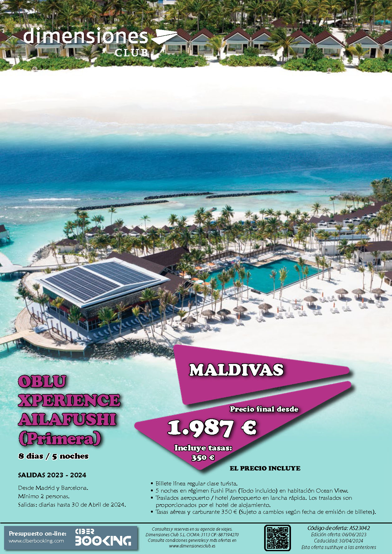Oferta Dimensiones Club Estancia en Maldivas 8 dias Oblu Xperience Ailafushi Todo Incluido salidas 2023 a 2024 desde Madrid y Barcelona
