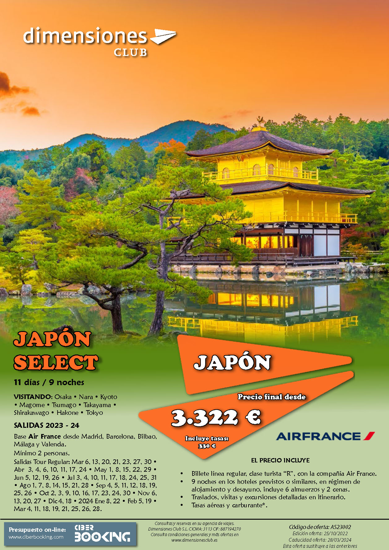Oferta Dimensiones Club Japon Select 2023 11 dias salidas desde Madrid Barcelona Bilbao Valencia Malaga vuelos Air France