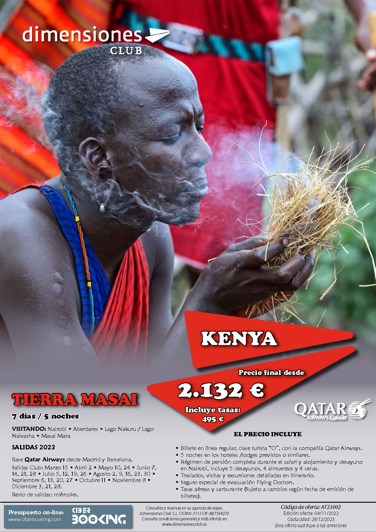 Oferta Dimensiones Club Kenia Tierra Masai 2023 7 dias salidas desde Madrid y Barcelona vuelos Qatar Airways