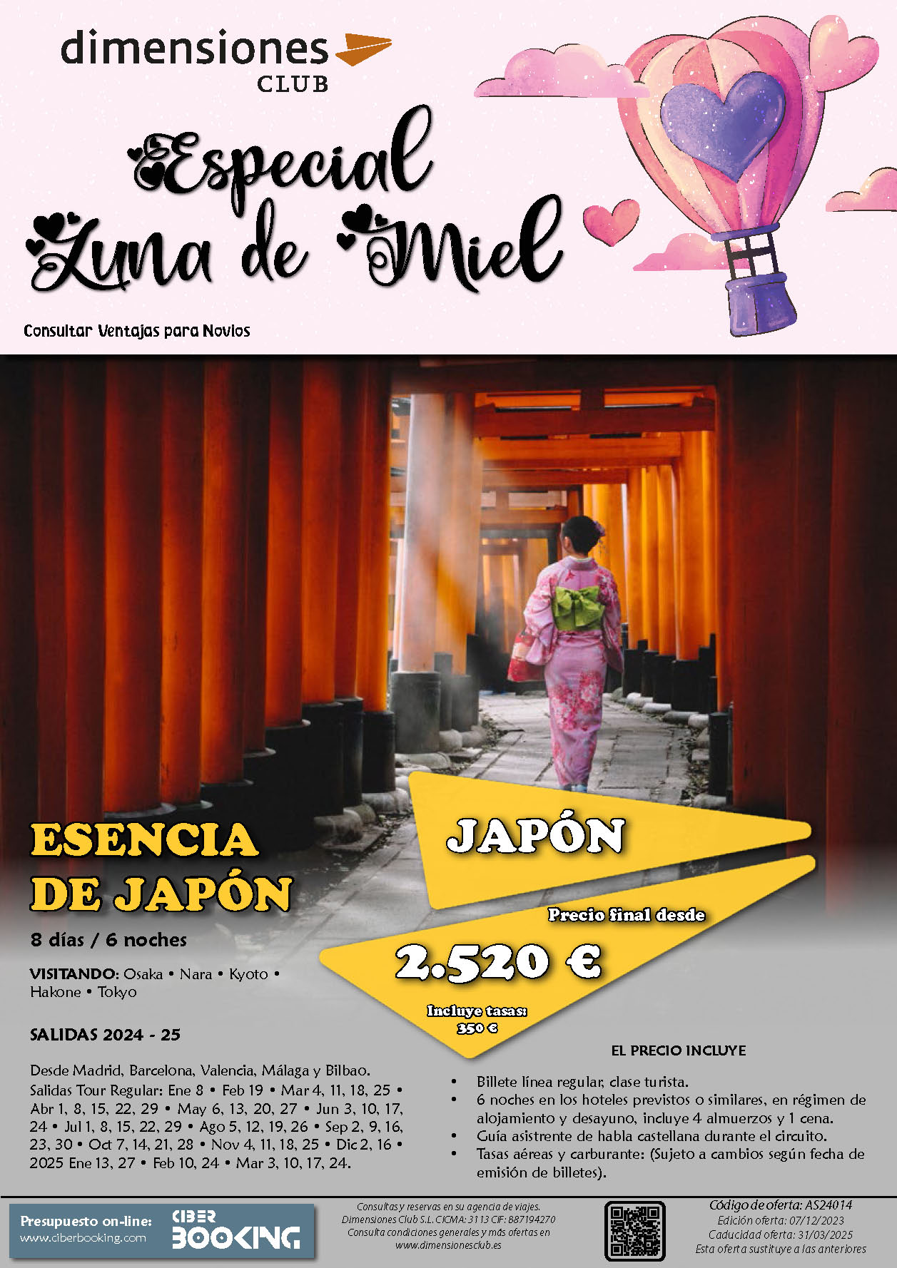Oferta Dimensiones Club Luna de Miel Esencia de Japon 8 dias salidas desde Madrid Barcelona Bilbao Valencia Malaga Enero 2024 a Marzo 2025