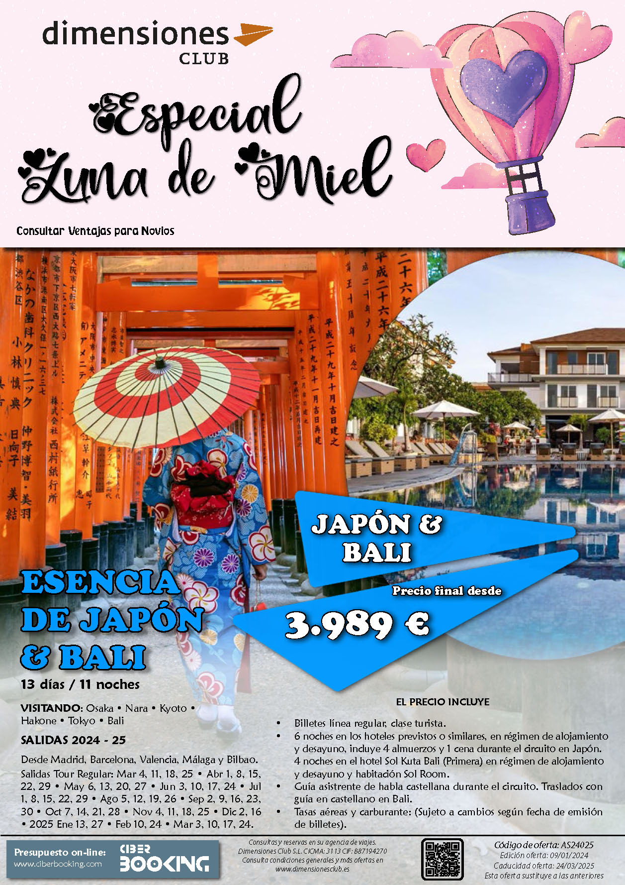 Oferta Dimensiones Club Luna de Miel Esencia de Japon y Bali 13 dias salidas desde Madrid Barcelona Bilbao Valencia Malaga Marzo 2024 a Marzo 2025