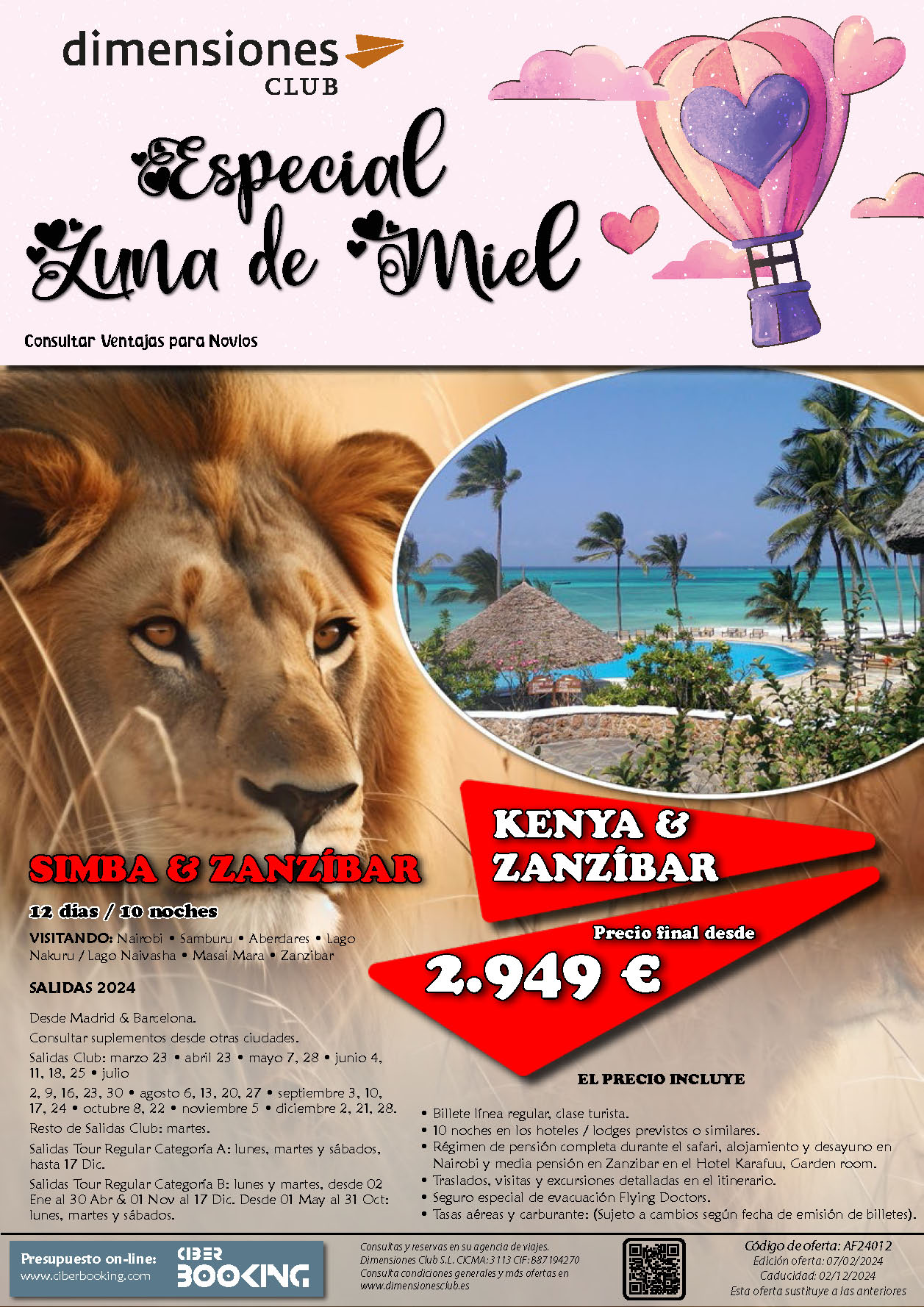 Oferta Dimensiones Club Luna de Miel en Kenia Safari Simba y Zanzibar 12 dias dias salidas Marzo a Diciembre 2024 desde Madrid y Barcelona