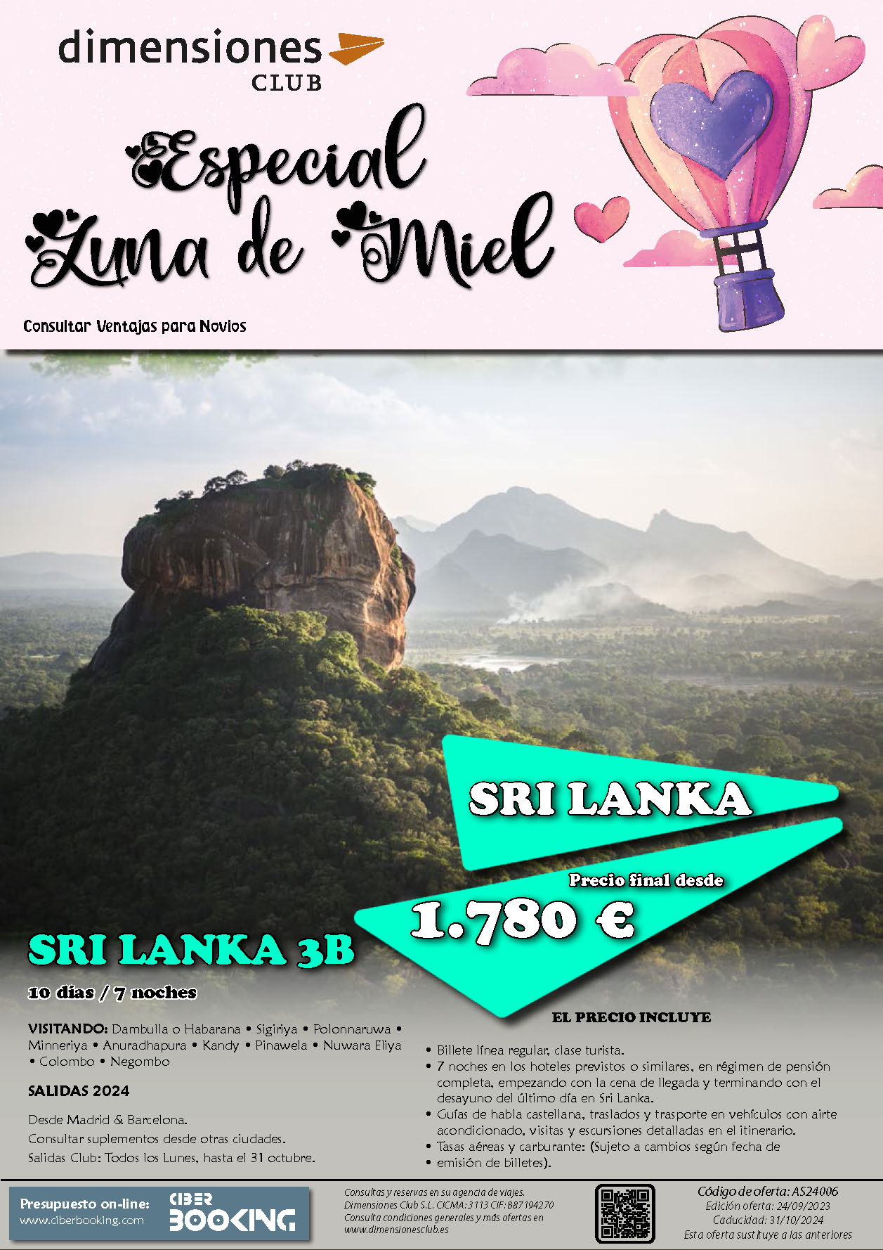 Oferta Dimensiones Club Luna de Miel en Sri Lanka 3B 10 dias salidas desde Madrid y Barcelona Enero a Octubre 2024