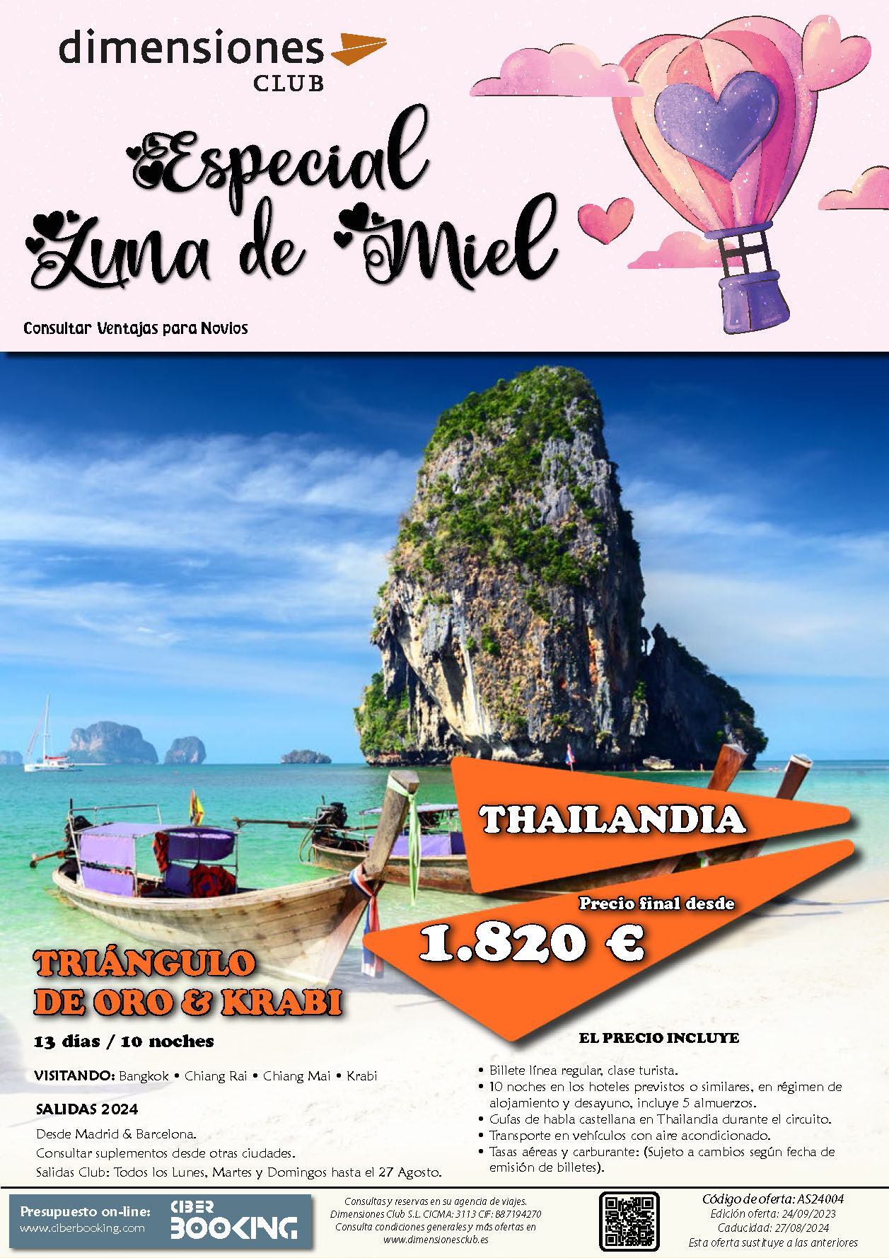 Oferta Dimensiones Club Luna de Miel en Thailandia Triangulo de Oro y Krabi 13 dias salidas desde Madrid y Barcelona Enero a Agosto 2024