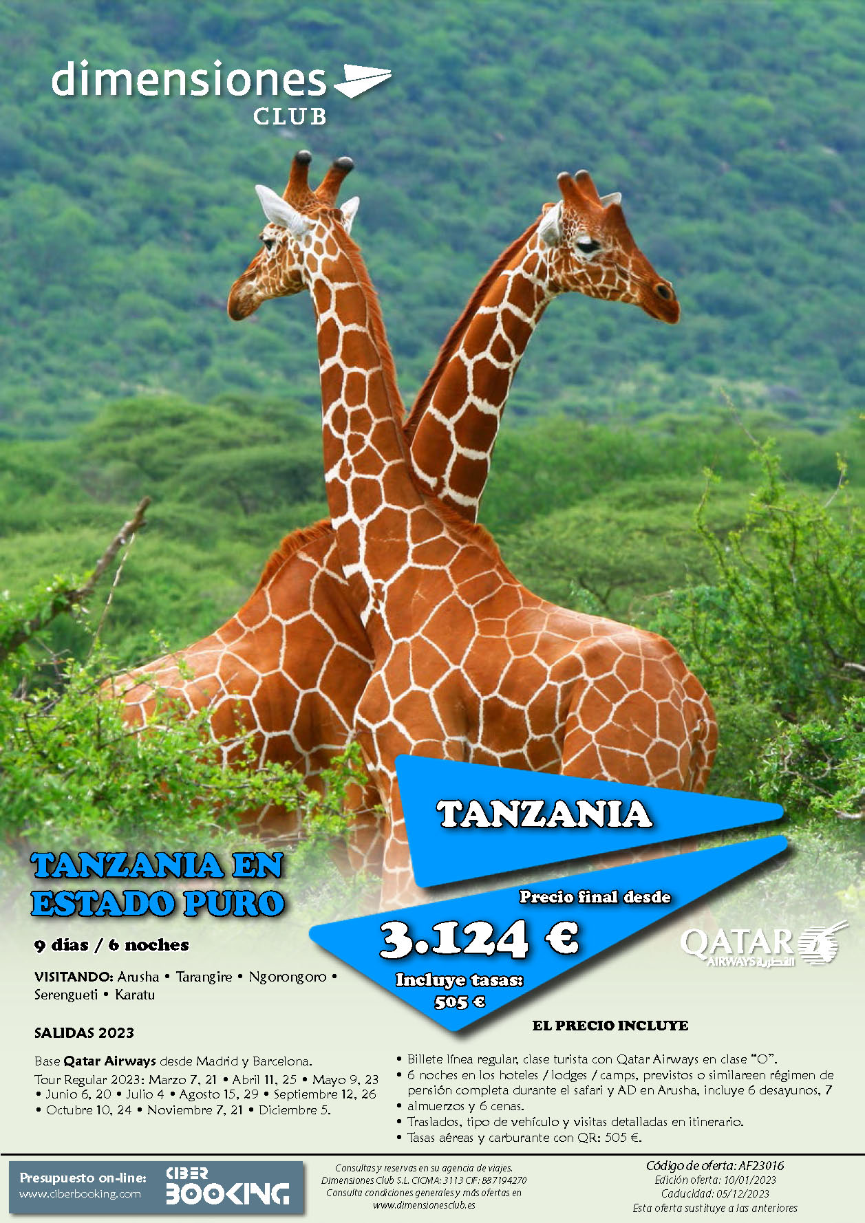 Oferta Dimensiones Club Tanzania en Estado Puro 2023 9 dias salidas desde Madrid y Barcelona vuelos Qatar Airways