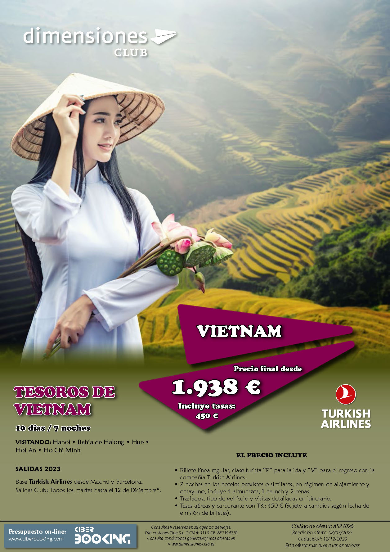 Oferta Dimensiones Club Tesoros de Vietnam 10 dias salidas Septiembre a Diciembre 2023 desde Madrid y Barcelona vuelos Turkish Airlines