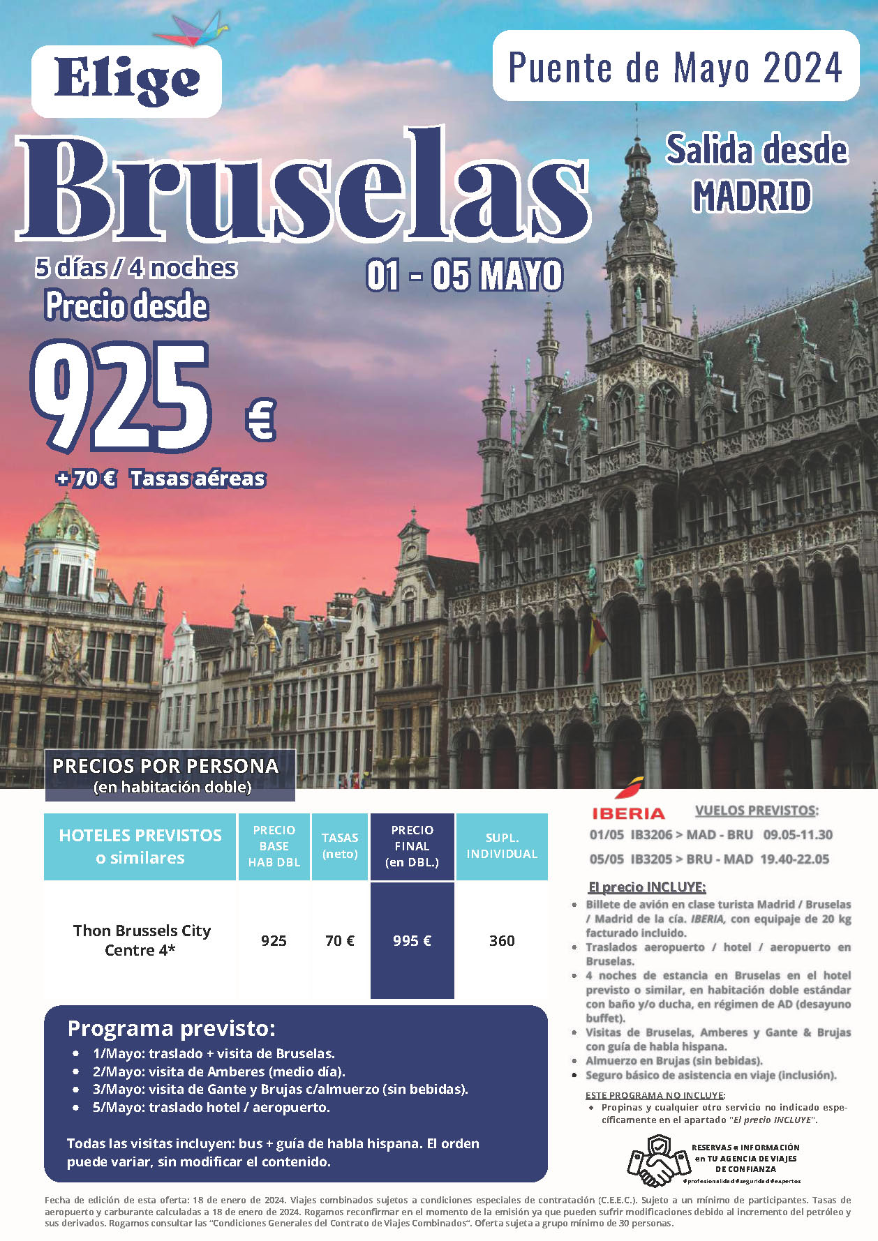 Oferta Elige tu Viaje Puente de Mayo 2024 circuito Bruselas 5 dias salida 1 de mayo vuelo directo desde Madrid
