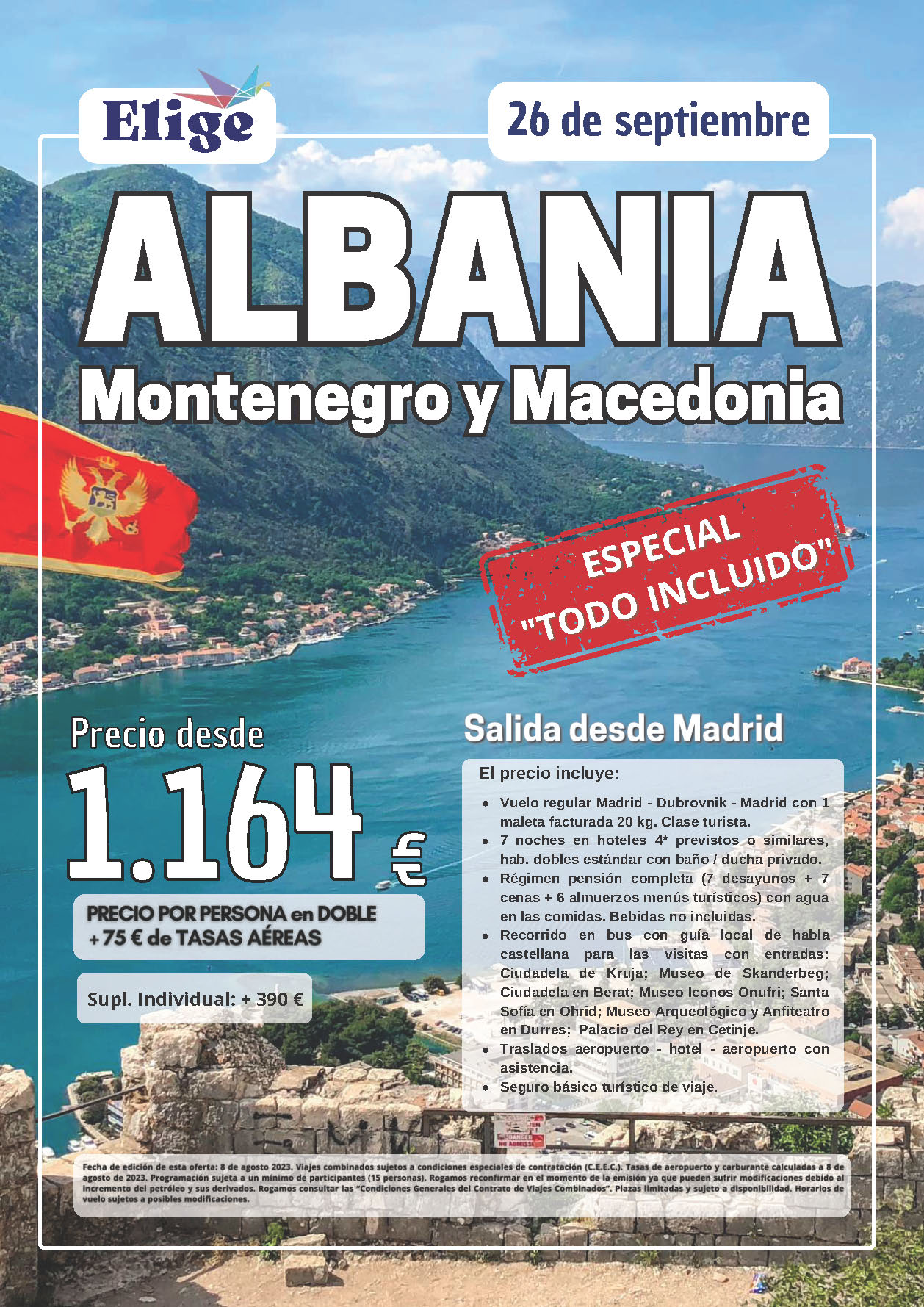 Oferta Elige tu Viaje Ultima Hora Septiembre 2023 circuito Albania Todo Incluido 8 dias salidas desde Madrid cupos