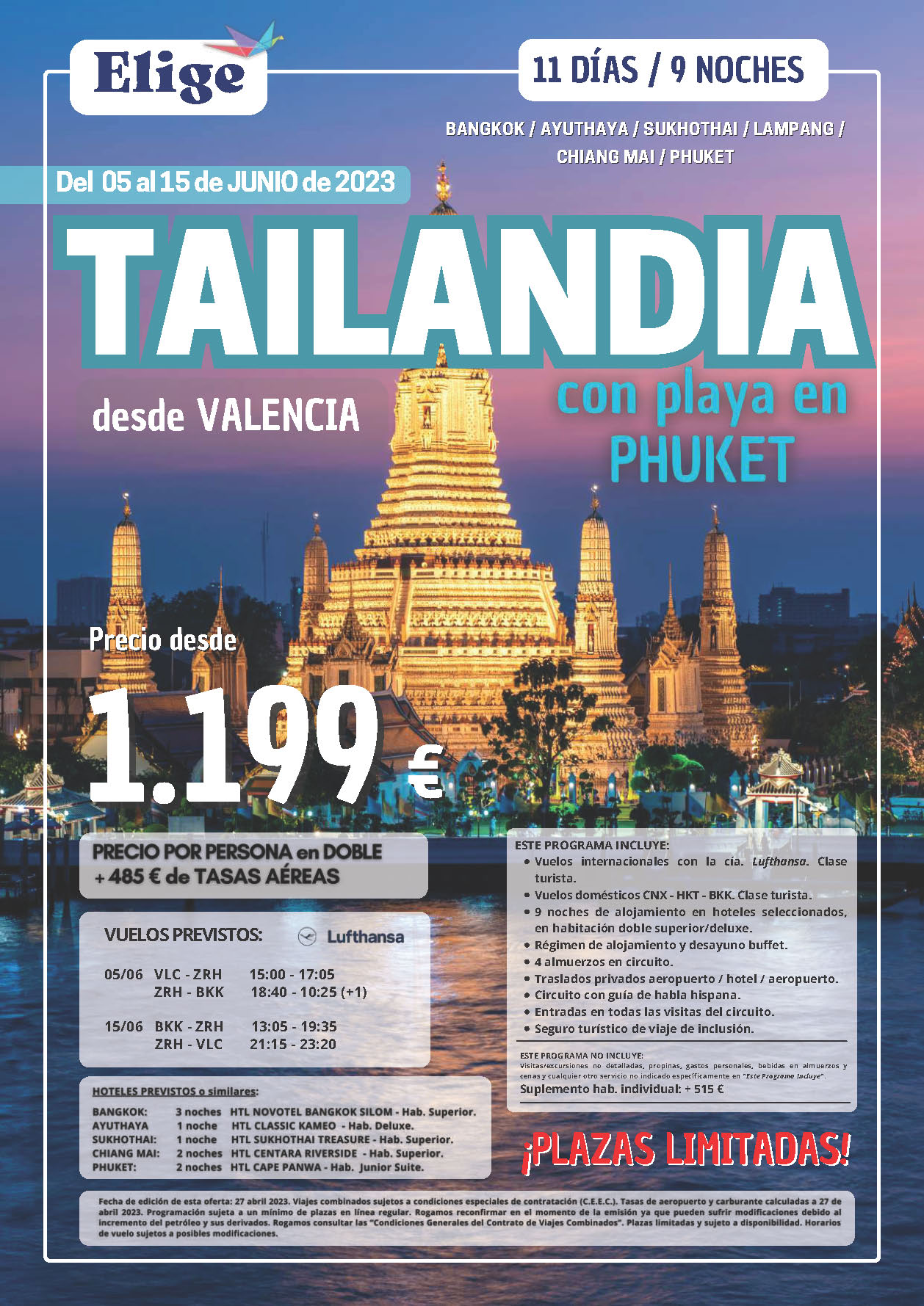 Oferta Elige tu Viaje circuito Thailandia con playa de Phuket 11 dias salidas desde Valencia Junio 2023 vuelos Lufthansa