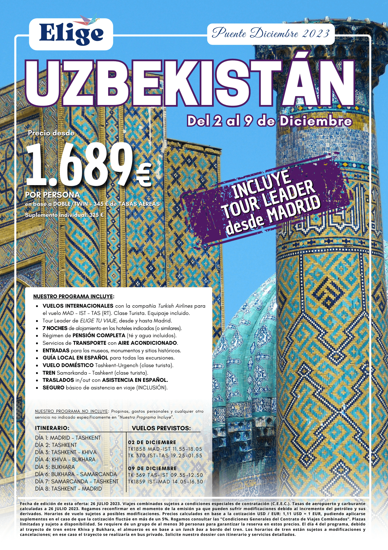 Oferta Elige tu viaje Puente de Diciembre en Uzbekistan 8 dias salida 2 de diciembre desde Madrid vuelos Turkish Airlines