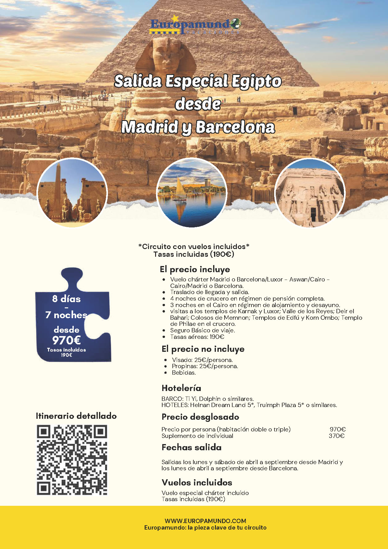 Oferta Europamundo circuito Egipto charter 8 dias salidas Abril a Septiembre 2024 vuelo directo desde Madrid y Barcelona