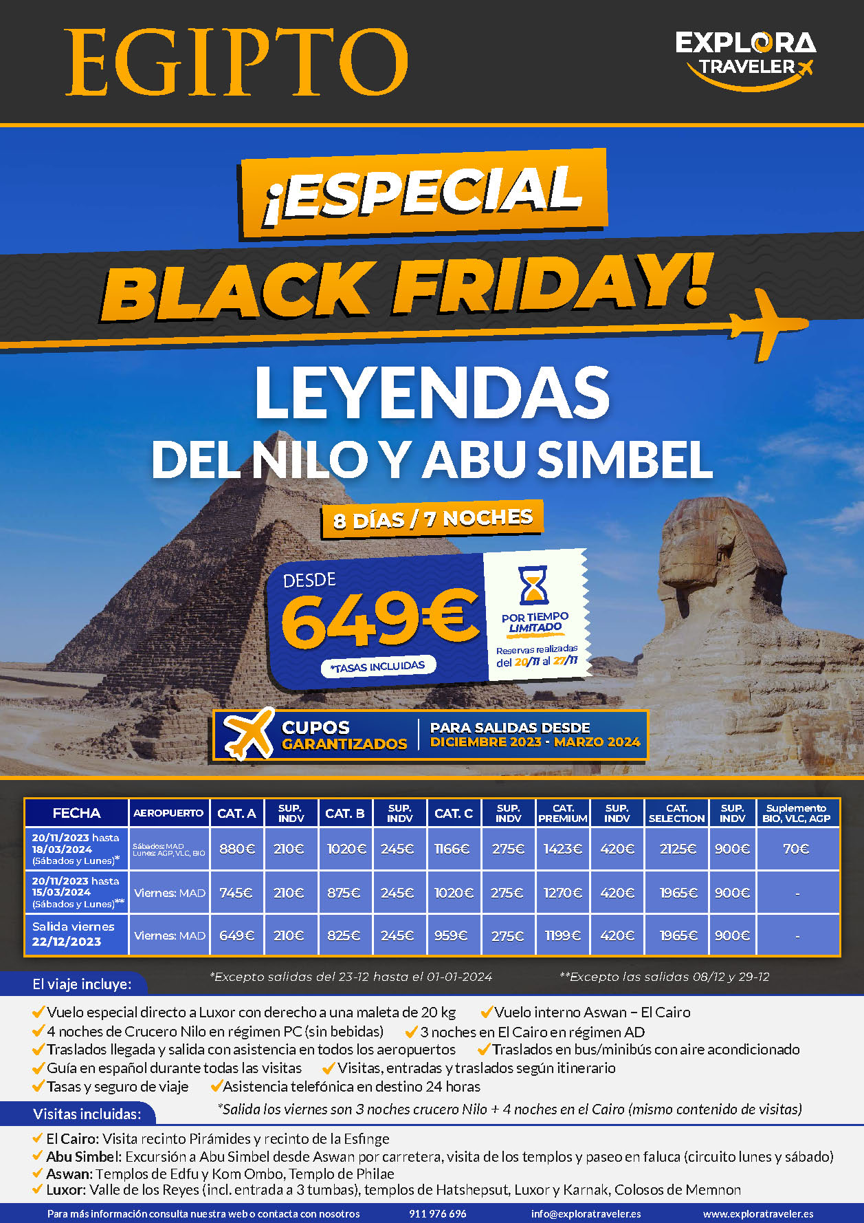 Oferta Explora Traveler Black Friday Egipto Charter Leyendas del Nilo y Abu Simbel 8 dias salidas 2023 2024 vuelo directo desde Madrid Barcelona Valencia Malaga