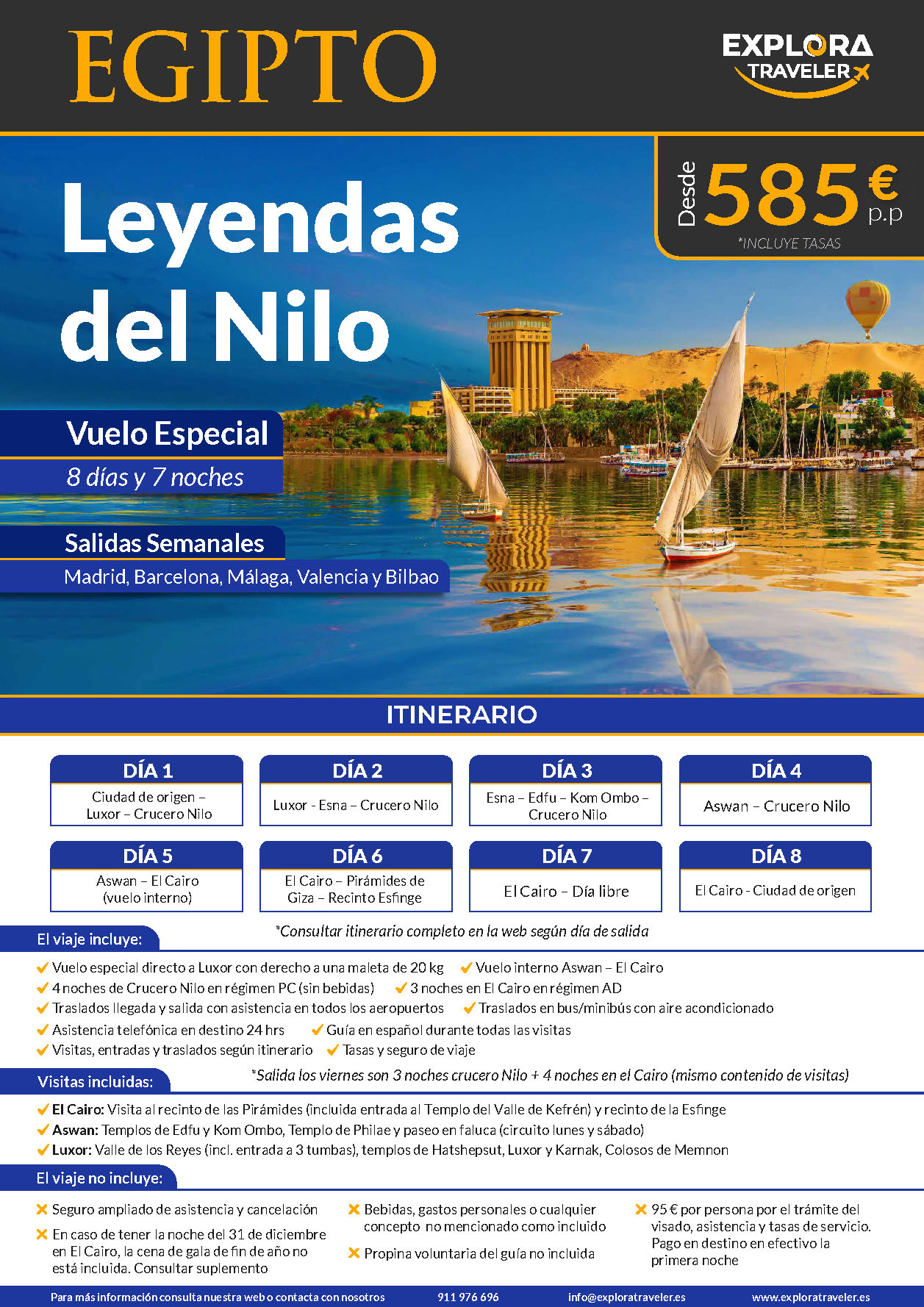Oferta Explora Traveler Egipto Charter Leyendas del Nilo 8 dias salidas 2024 vuelo directo desde Madrid Barcelona Bilbao Malaga y Valencia
