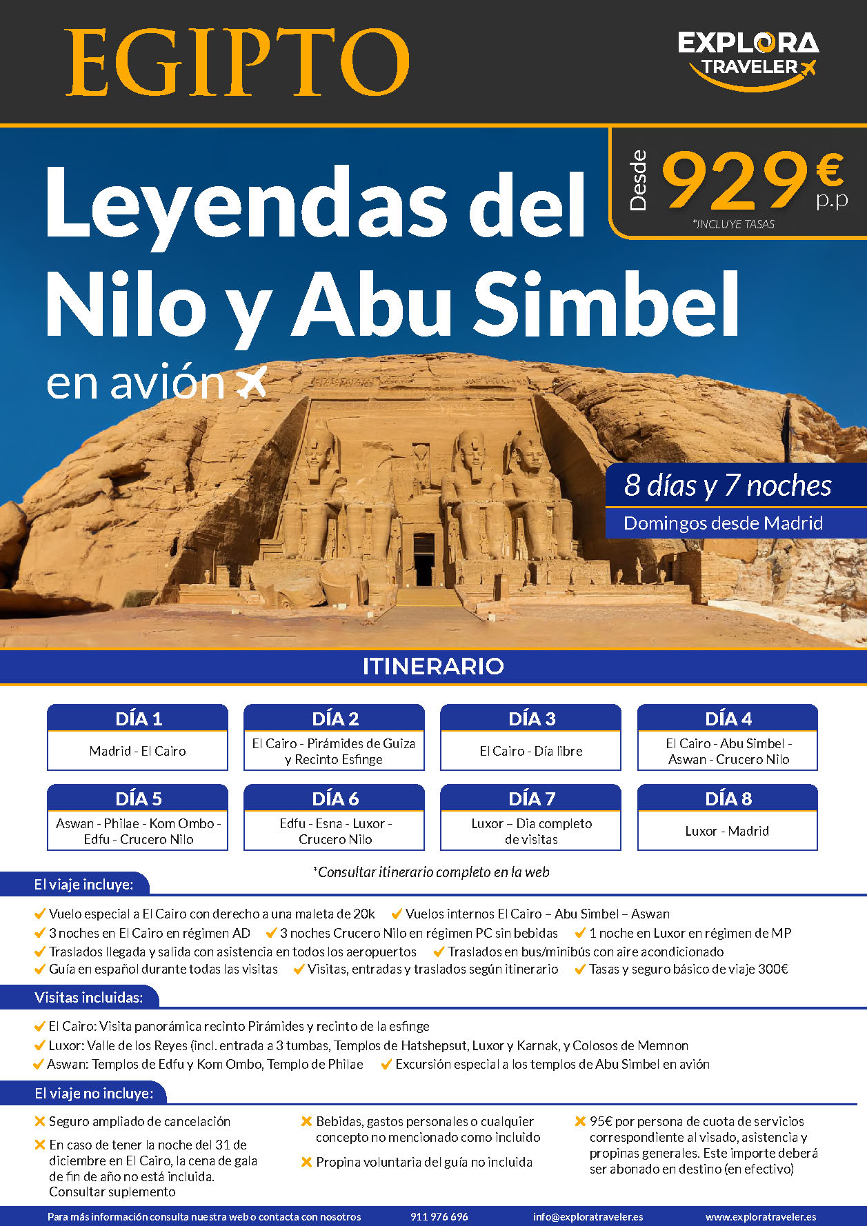 Oferta Explora Traveler Egipto Charter Leyendas del Nilo con Abu Simbel en avion 8 dias salidas 2023 vuelo directo desde Madrid