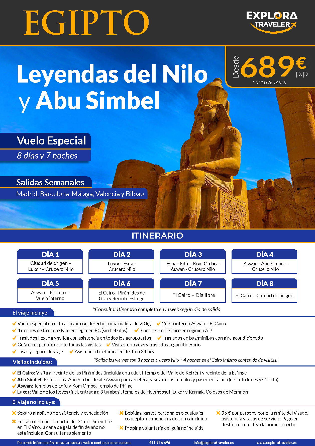 Oferta Explora Traveler Egipto Charter Leyendas del Nilo y Abu Simbel 8 dias salidas 2024 vuelo directo desde Madrid Barcelona Bilbao Malaga y Valencia