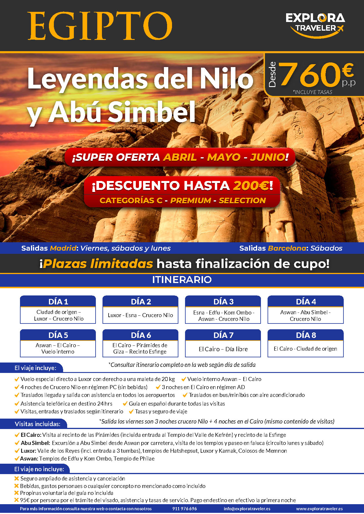 Oferta Explora Traveler Egipto Charter Leyendas del Nilo y Abu Simbel 8 dias salidas abril mayo junio 2024 vuelo directo desde Madrid y Barcelona