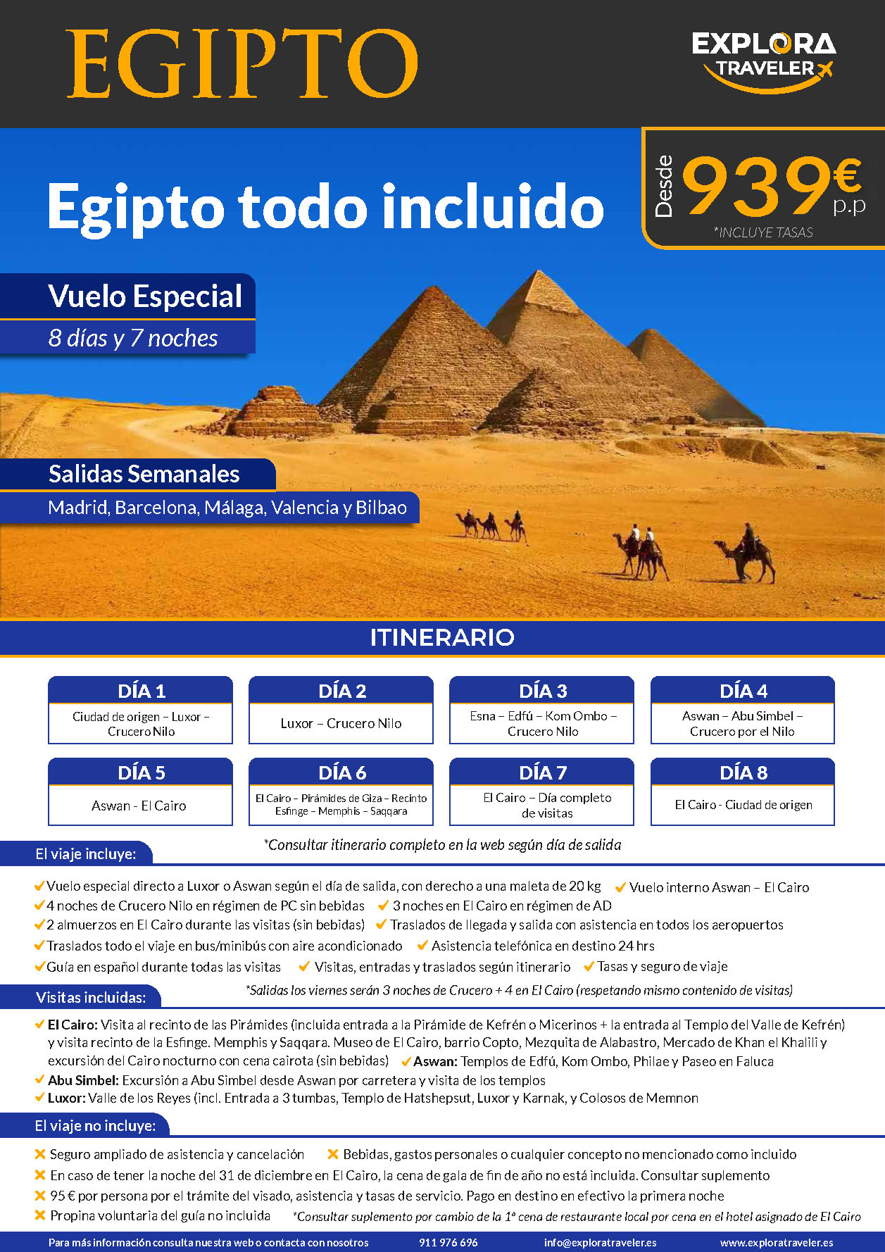Oferta Explora Traveler Egipto Charter Todo Incluido 8 dias salidas 2024 vuelo directo desde Madrid Barcelona Bilbao Malaga y Valencia