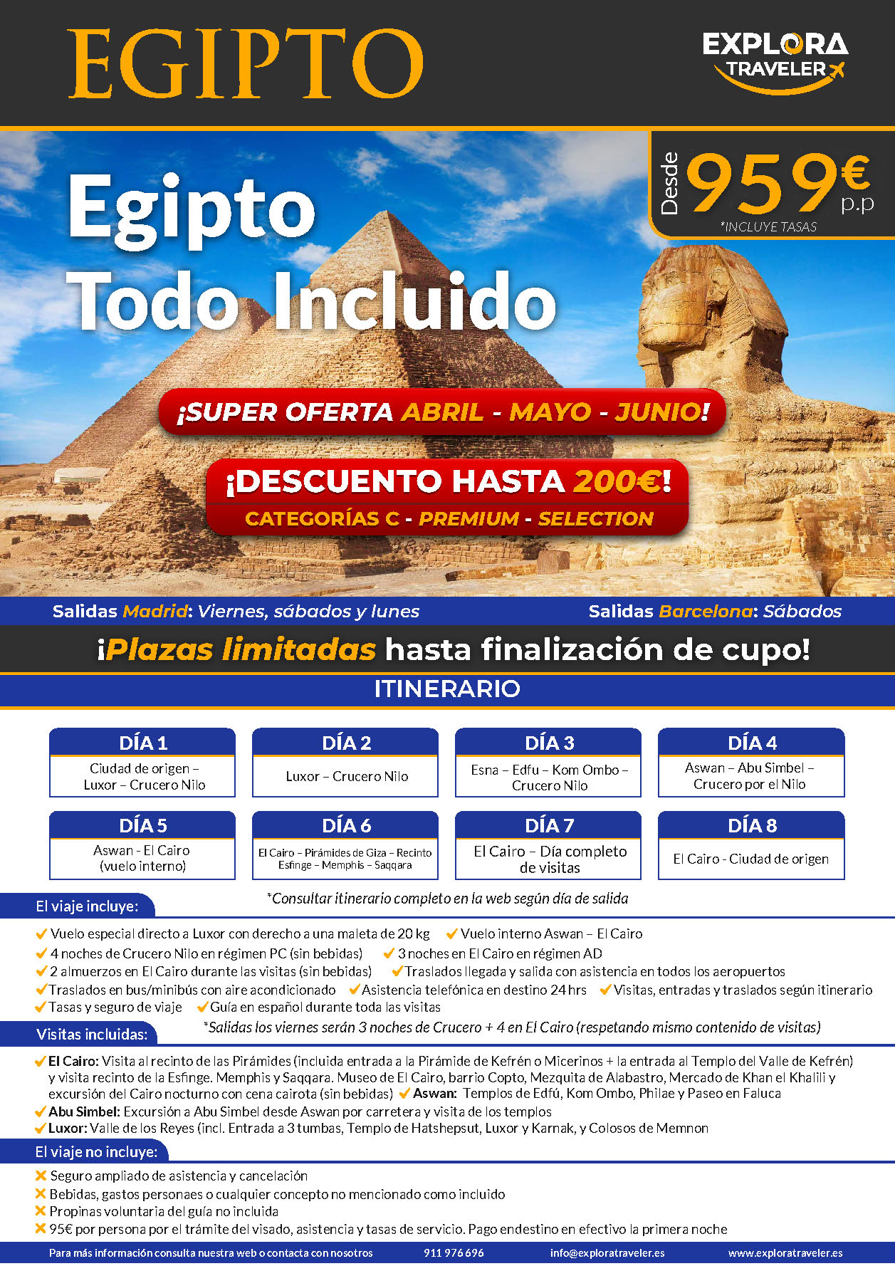 Oferta Explora Traveler Egipto Charter Todo Incluido 8 dias salidas abril mayo junio 2024 vuelo directo desde Madrid y Barcelona