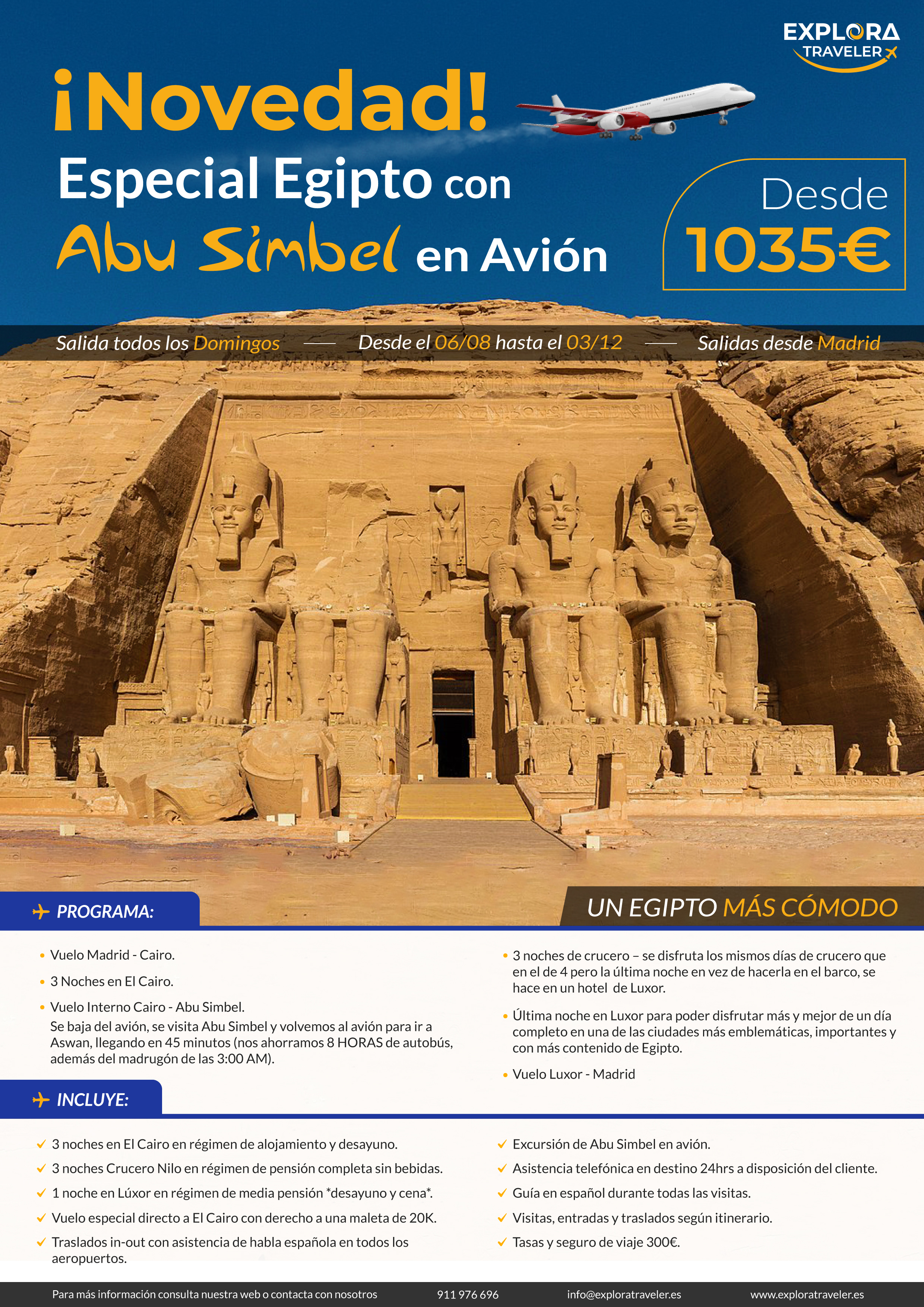 Oferta Explora Traveler Egipto Charter con Abu Simbel en avion 8 dias salidas 2023 vuelo directo desde Madrid