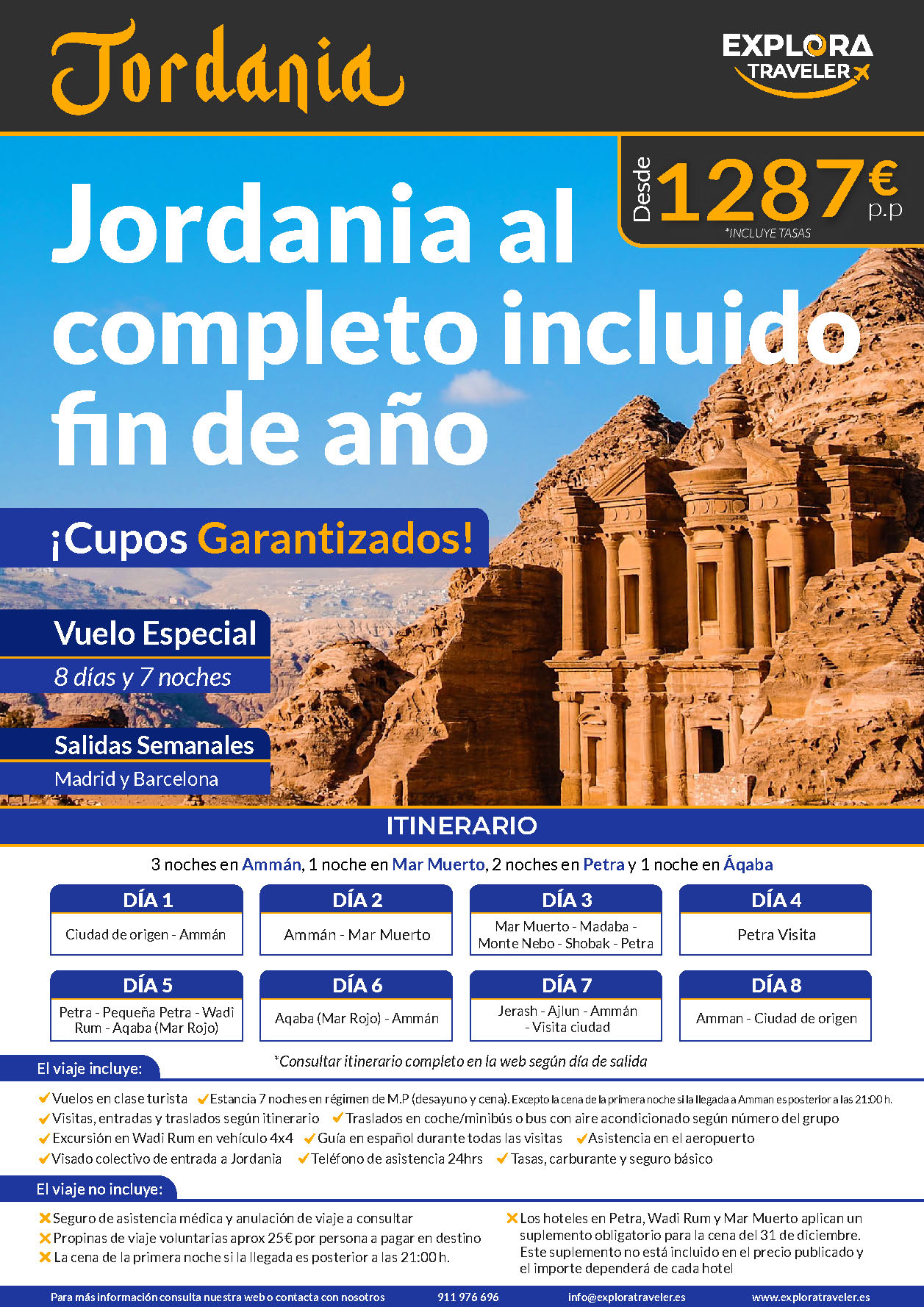 Oferta Explora Traveler Jordania al Completo Septiembre a Diciembre 2023 cupos 8 dias Media Pension salidas vuelo directo desde Madrid y Barcelona