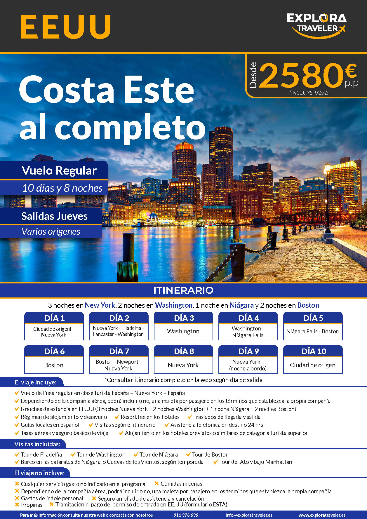 Oferta Explora Traveler circuito Costa Este al Completo 10 dias salidas 2024 desde Madrid Barcelona Bilbao Malaga y Valencia