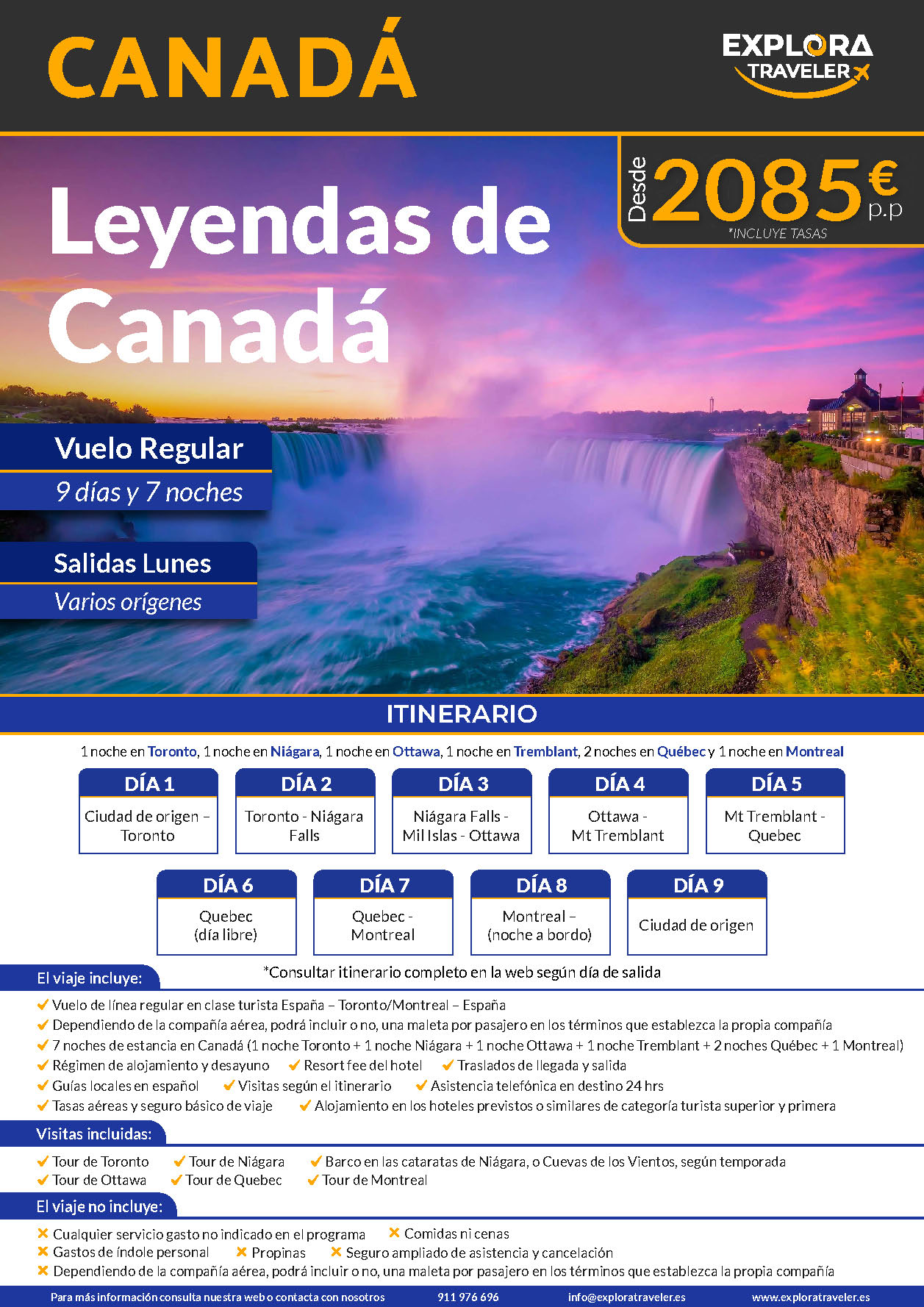Oferta Explora Traveler circuito Leyendas de Canada Costa Este 9 dias salidas 2024 desde Madrid Barcelona Bilbao Malaga y Valencia