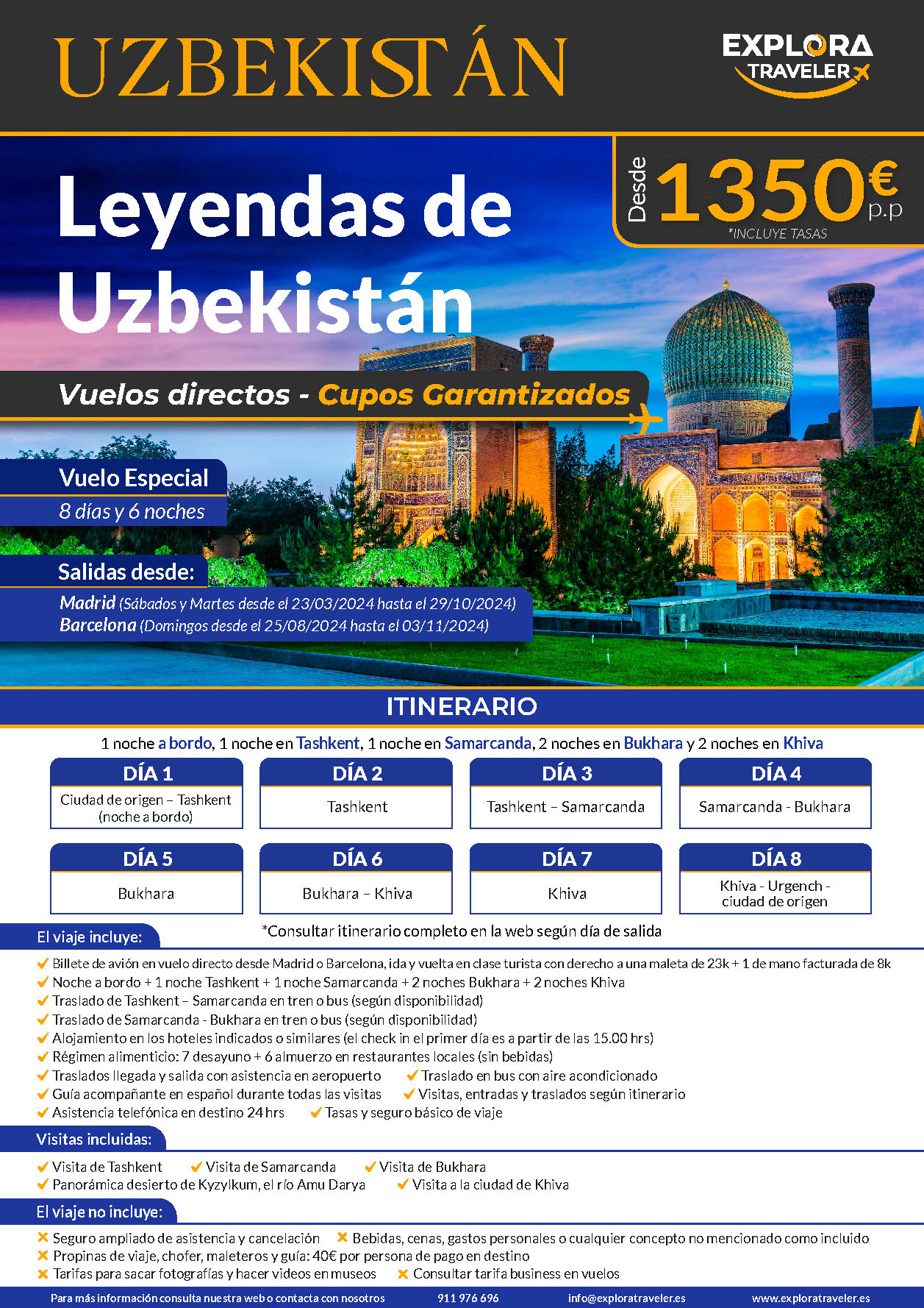 Oferta Explora Traveler circuito Leyendas de Uzbekistan 8 dias Cupos salidas Marzo a Octubre 2024 vuelo directo desde Madrid y Barcelona