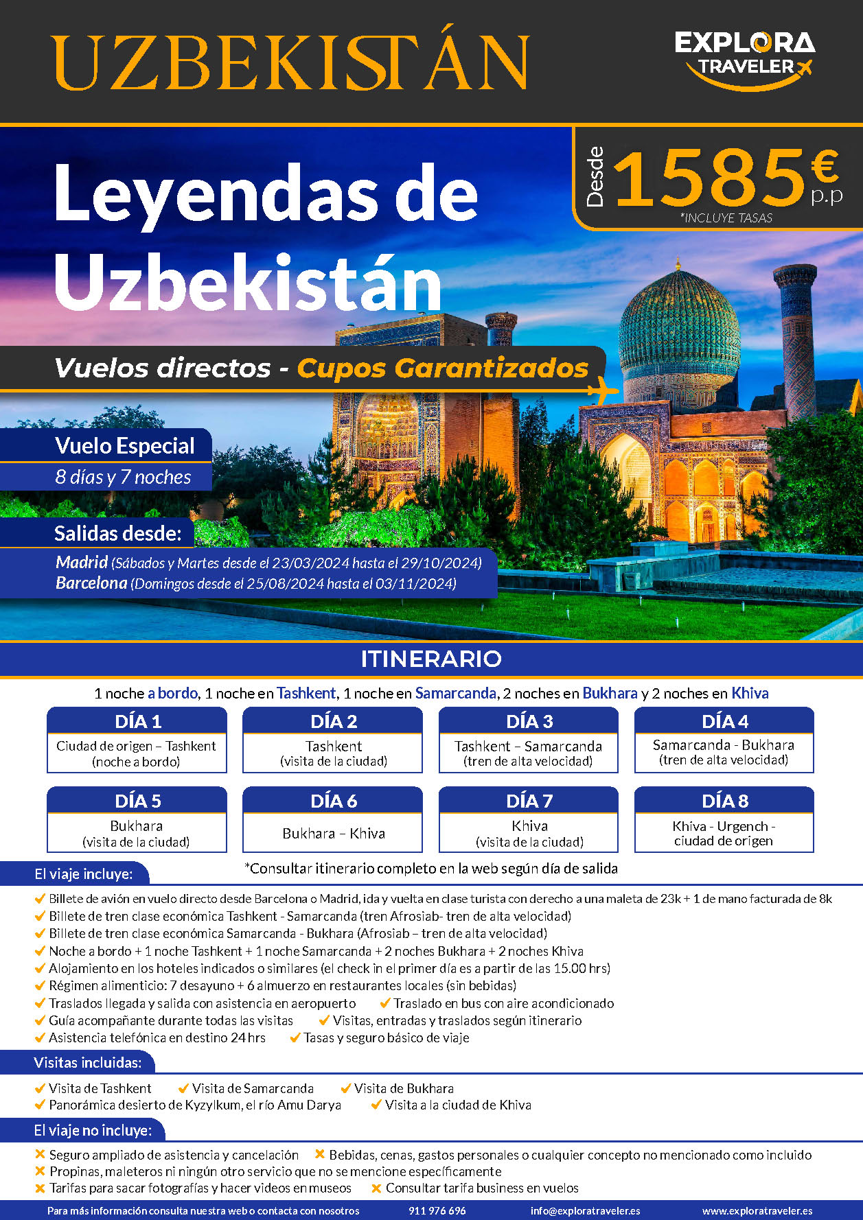 Oferta Explora Traveler circuito Leyendas de Uzbekistan 8 dias salidas Marzo a Octubre 2024 vuelo directo desde Madrid y Barcelona