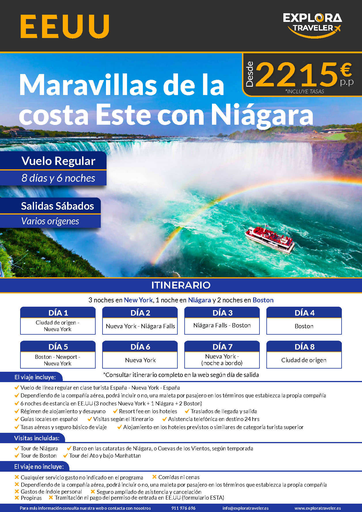 Oferta Explora Traveler circuito Maravillas Costa Este con Niagara 8 dias salidas 2024 desde Madrid Barcelona Bilbao Malaga y Valencia