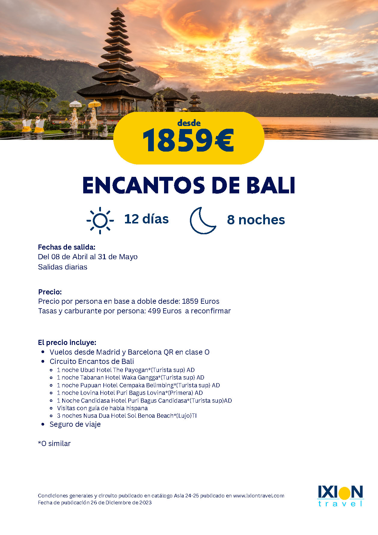 Oferta Ixion Travel Abril Mayo 2024 circuito Encantos de Bali 12 dias salidas desde Barcelona y Madrid vuelos Qatar Airways