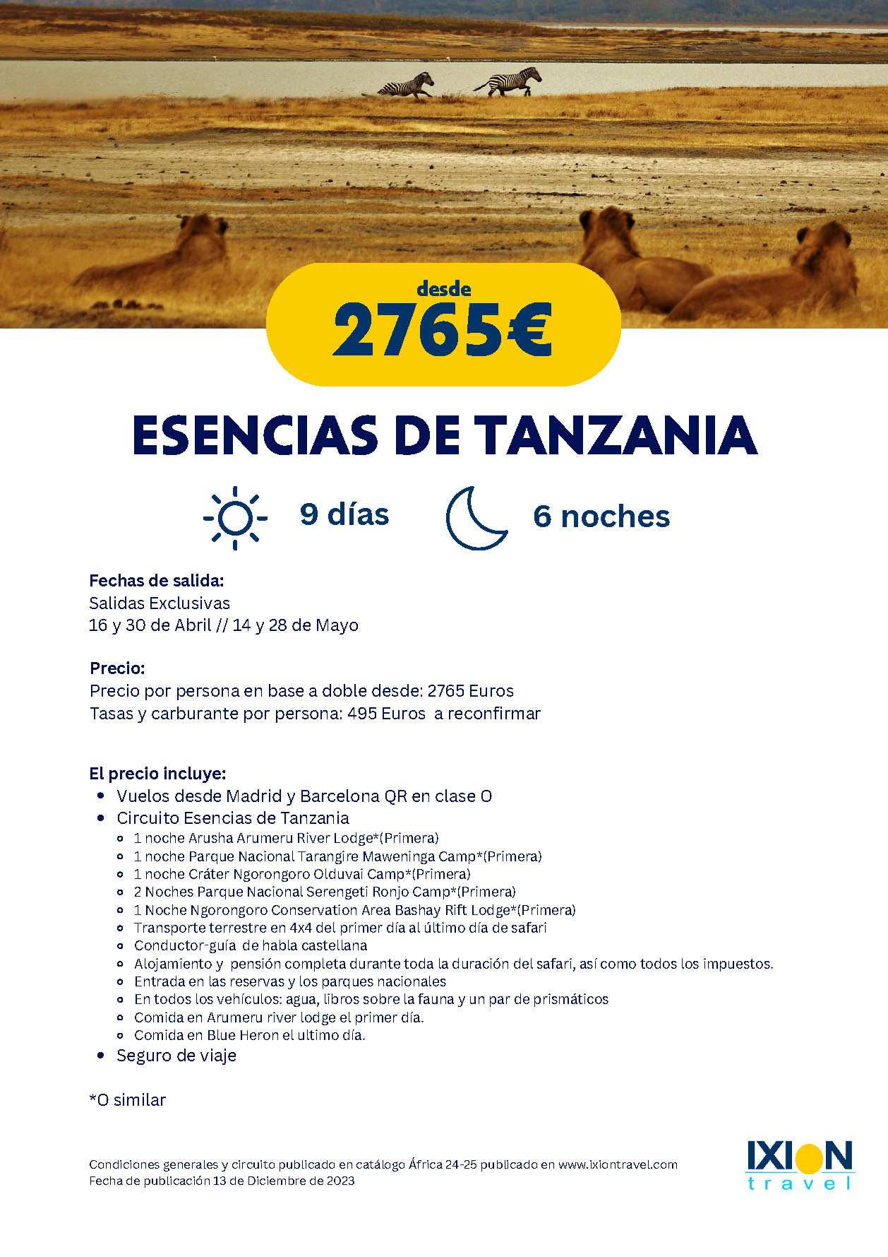 Oferta Ixion Travel Abril y Mayo 2024 circuito Esencias de Tanzania 9 dias salidas desde Barcelona y Madrid vuelos Qatar Airways