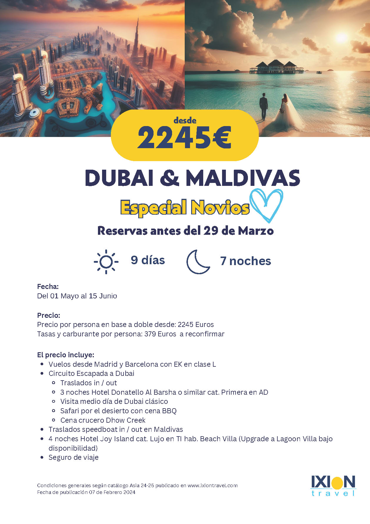 Oferta Ixion Travel Mayo Junio 2024 Dubai y Maldivas Novios 9 dias salidas desde Barcelona y Madrid vuelos Emirates