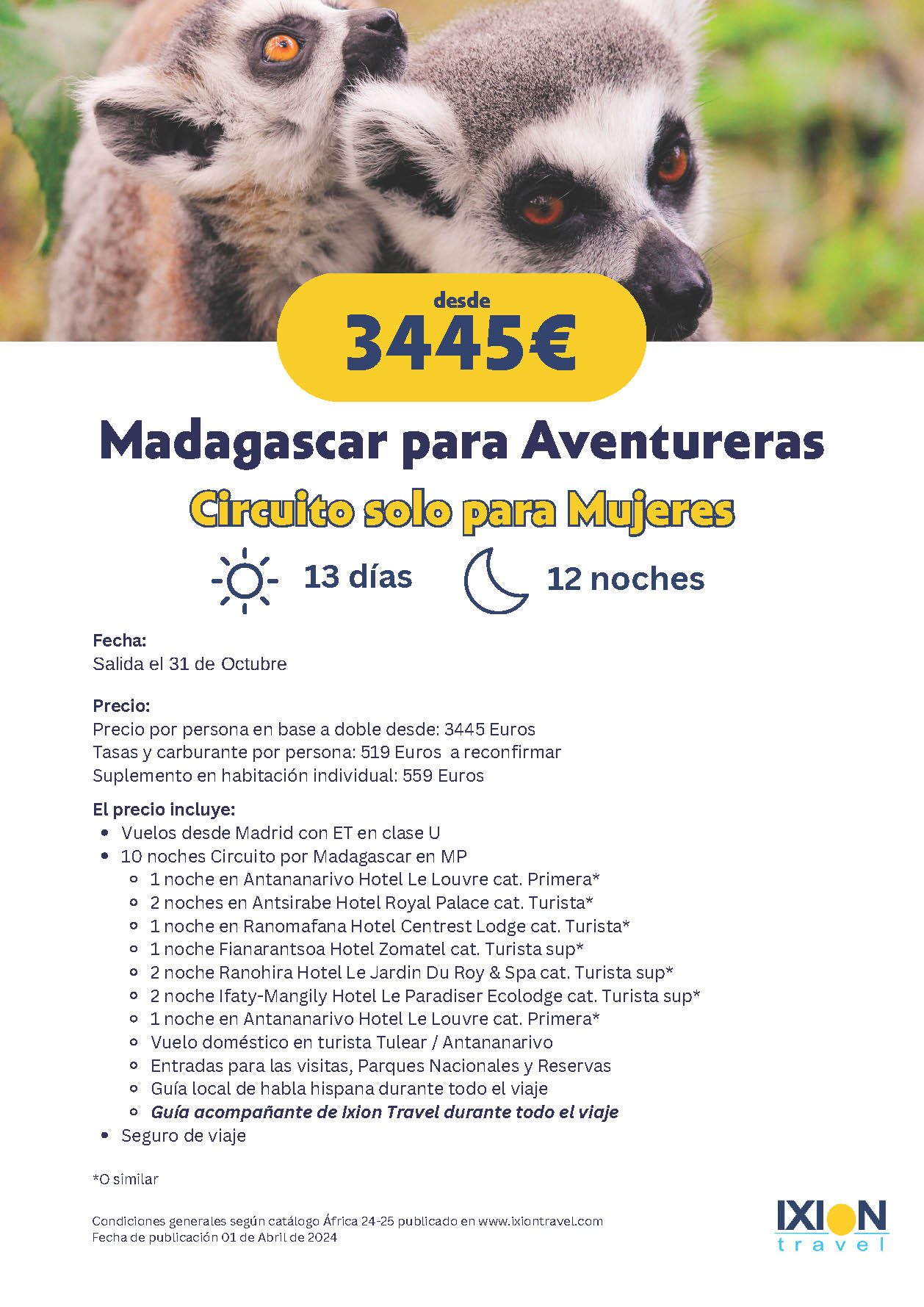 Oferta Ixion Travel Solo Mujeres circuito Madagascar 13 dias salida 31 Octubre 2024 desde Madrid vuelos Ethiopian Airlines