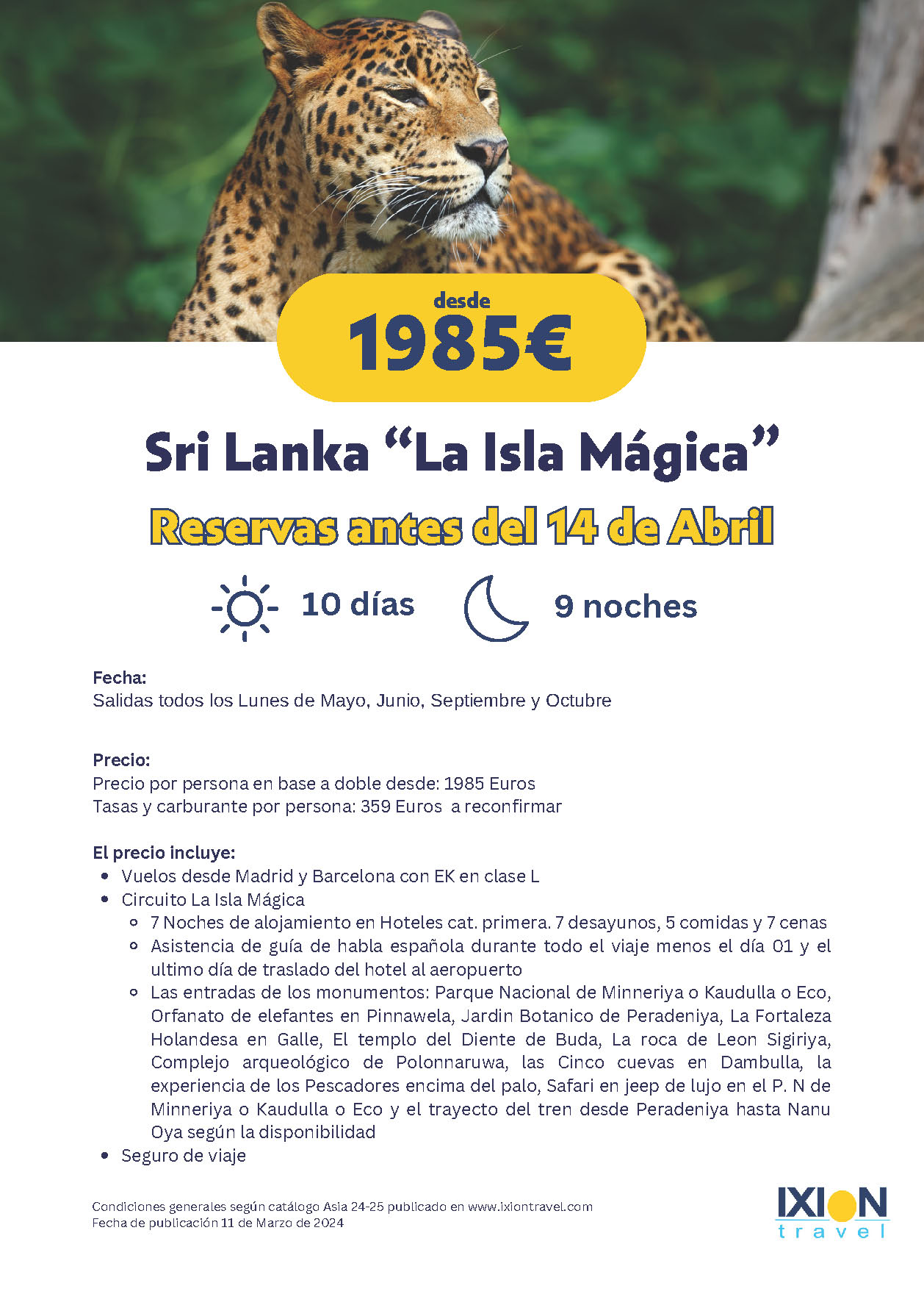 Oferta Ixion Travel circuito Sri Lanka 10 dias salidas Mayo Junio Septiembre Octubre 2024 desde Barcelona y Madrid vuelos Emirates