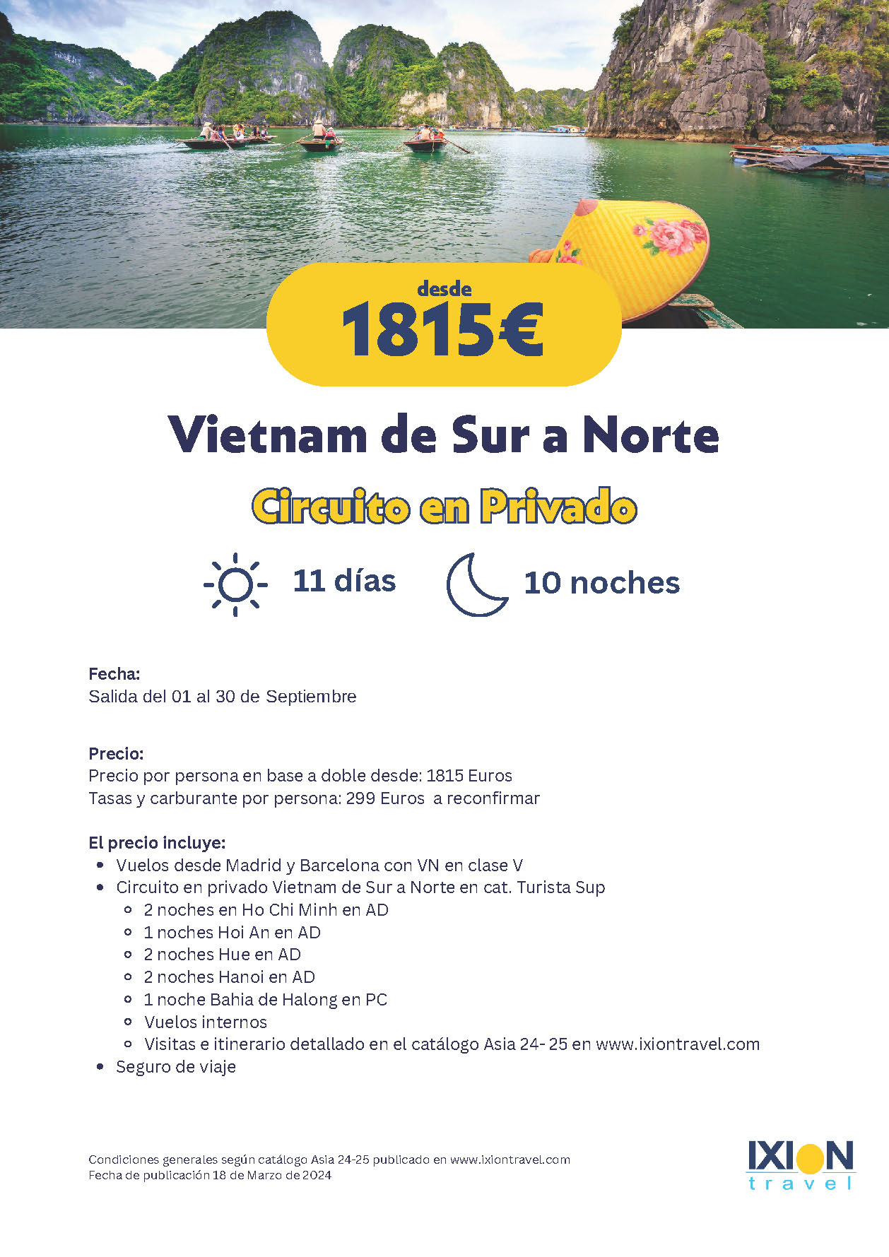 Oferta Ixion Travel circuito Vietnam 11 dias salidas Septiembre 2024 desde Barcelona y Madrid vuelos Vietnam Airlines