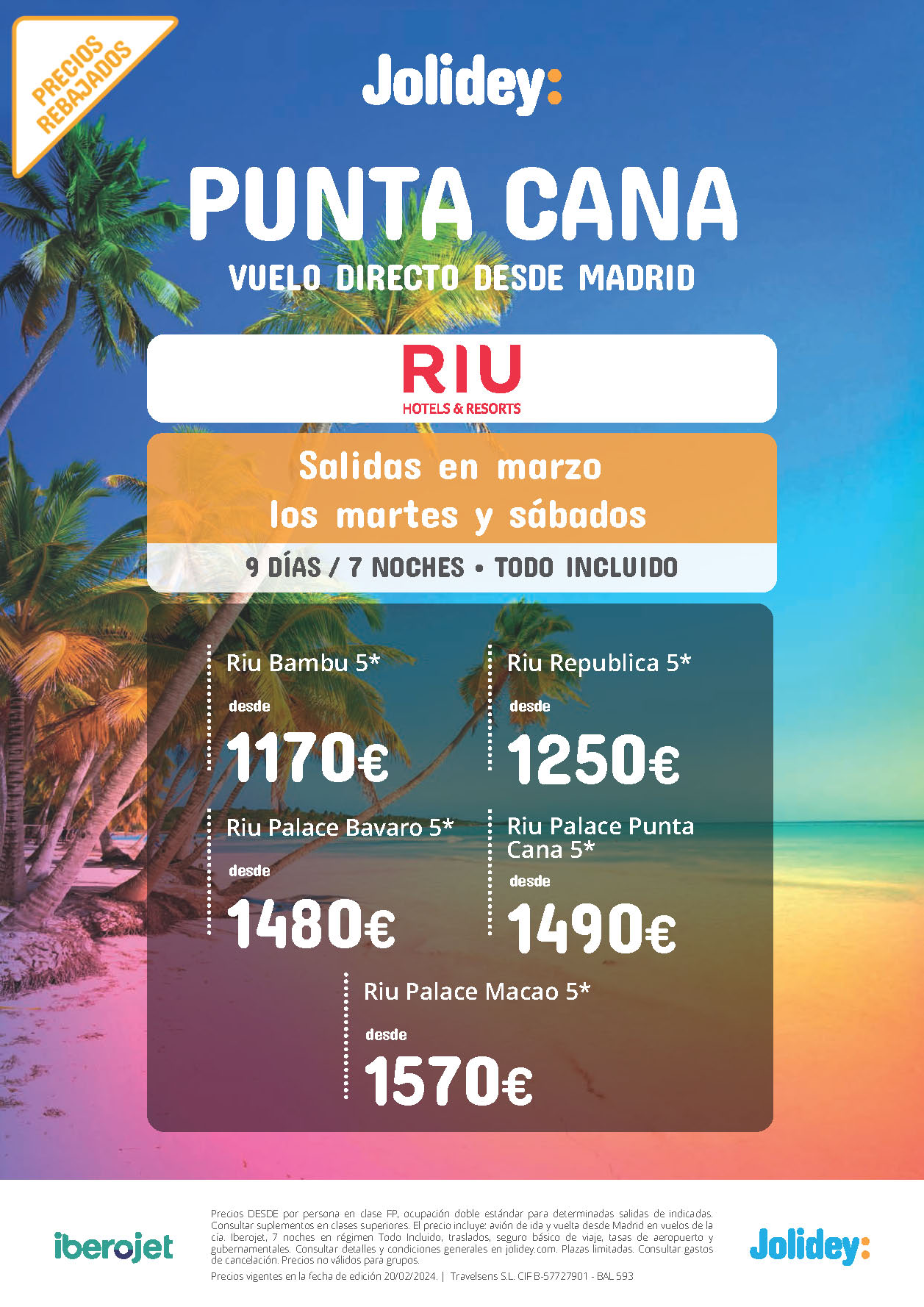 Oferta Jolidey Estancia en Punta Cana 9 dias Hotel Riu 5 estrellas Todo Incluido salidas Marzo 2024 en vuelo directo desde Madrid