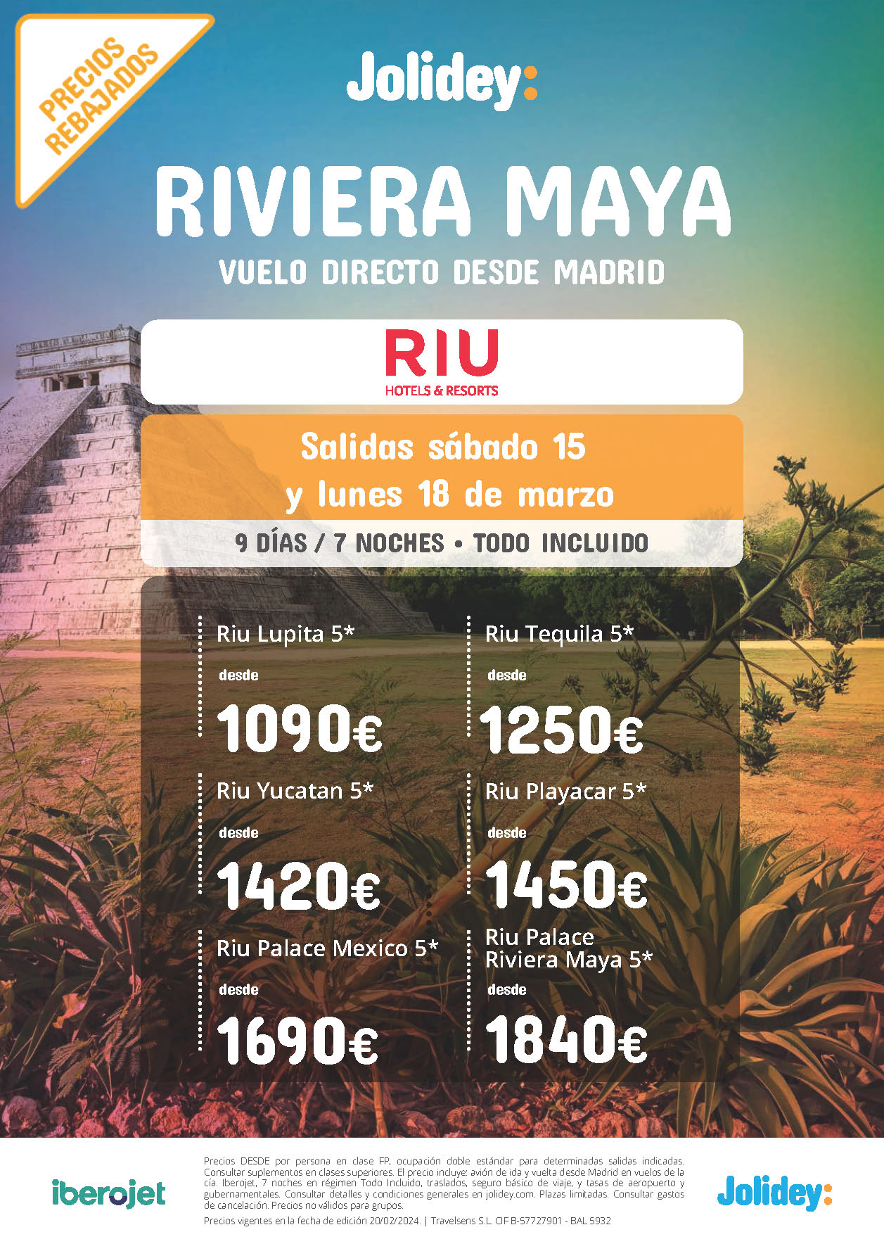 Oferta Jolidey Estancia en Riviera Maya Mexico 9 dias Hotel Riu 5 estrellas Todo Incluido salidas Marzo 2024 en vuelo directo desde Madrid