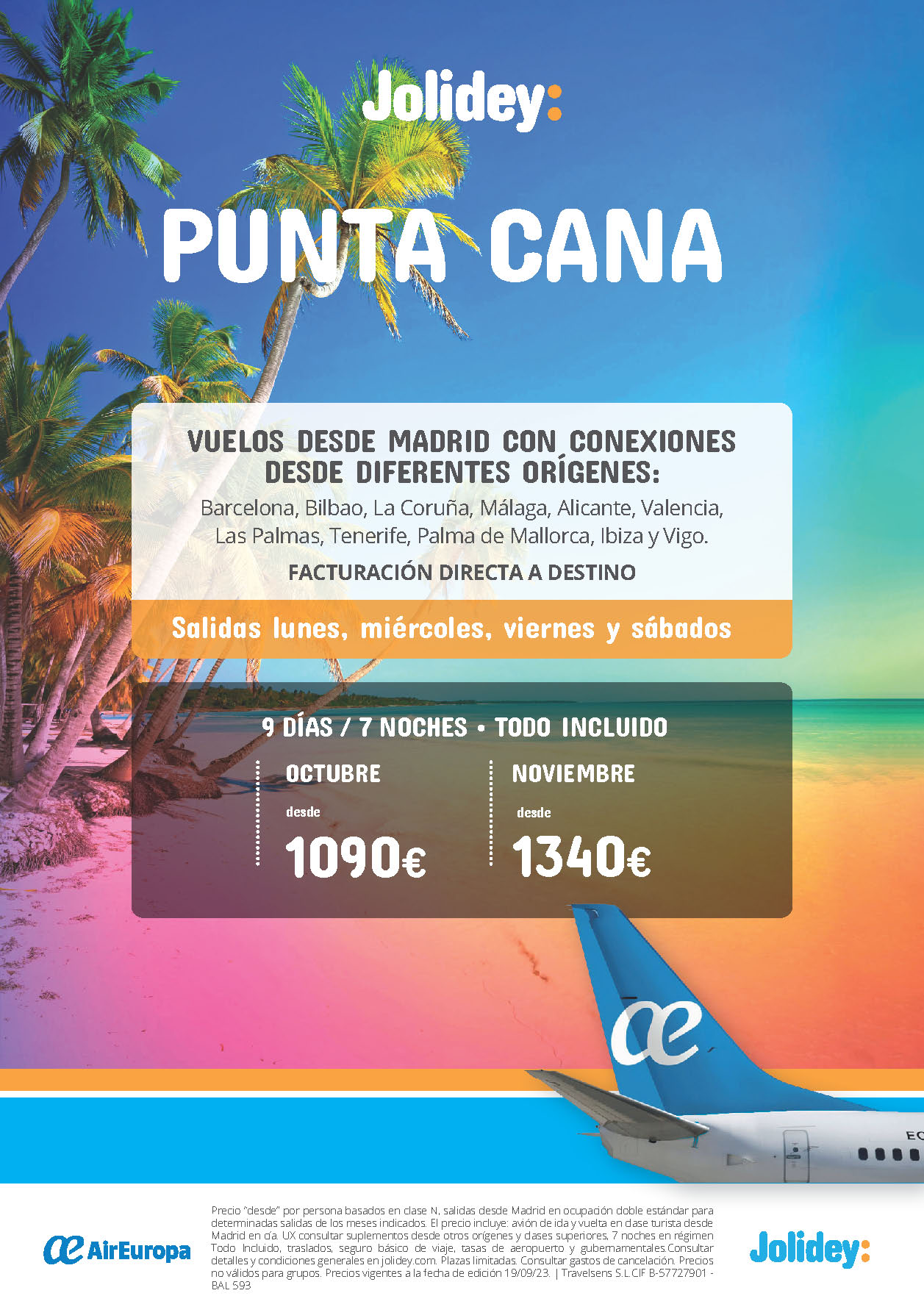 Oferta Jolidey Octubre Noviembre 2023 Punta Cana 9 dias Todo Incluido salidas desde Barcelona Bilbao Valencia Malaga Alicante Galicia e Islas